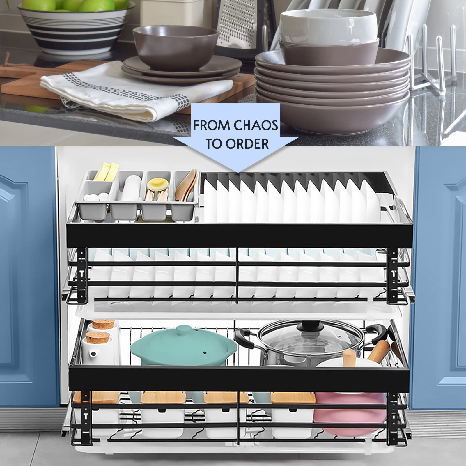 Organizzatore da cucina Organizzatore da Cucina Ripiani Estraibili per Armadietto a 2 Livelli Organizzatore Estraibile in Metallo per Cucina Bagno, Cestello in Filo di Acciaio Inossidabile Resistente