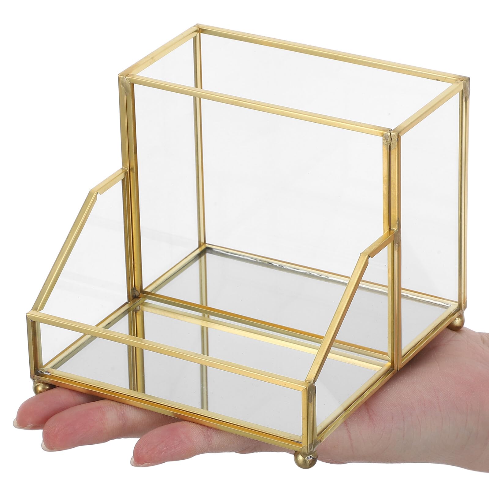 Porta Biglietti da Visita in Vetro con Bordo Oro per Scrivania | Design Elegante con Struttura in Ferro, Uso su Tavolo, Aspetto Curato per Riunioni e Ufficio