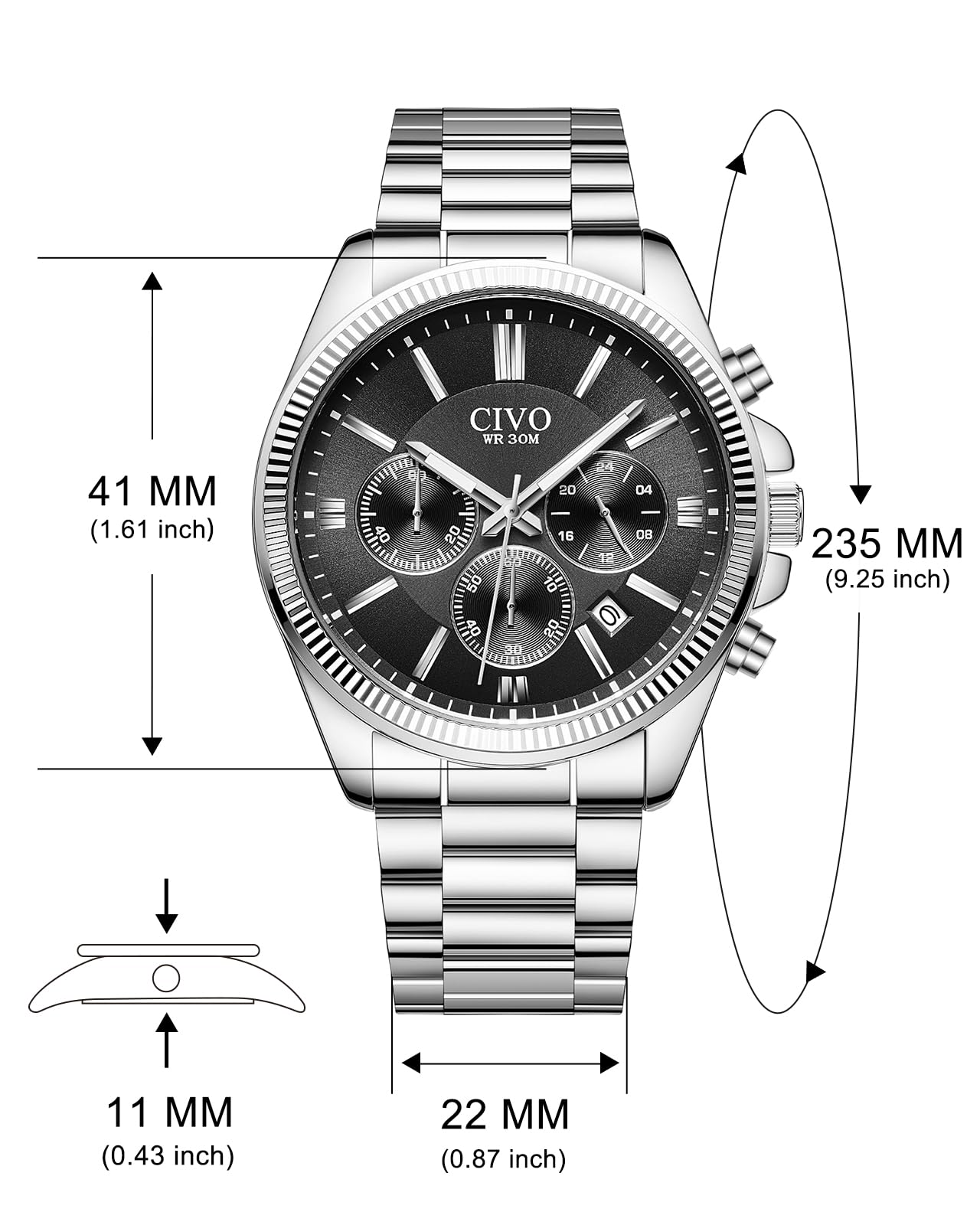 CIVO Montre Homme Chronographe Acier: Etanche Analogique Grand Cadran Date | Montre Bracelet avec Aiguilles Lumineuses pour le Quotidien Casual Affaires - Cadeau pour Lui Père Mari Noël Anniversaire