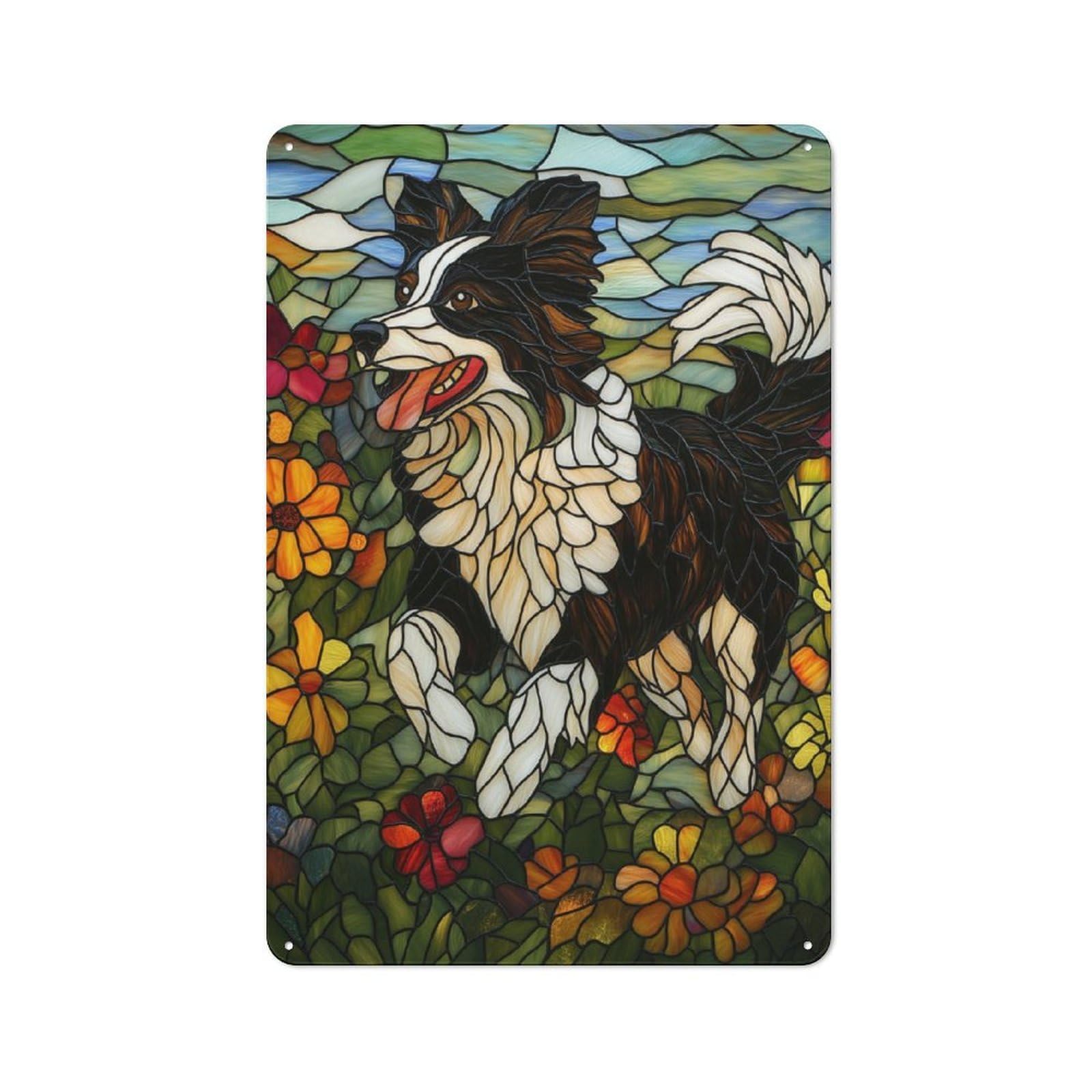 Vintage Tin Sign 30x20cm with Stained Glass Border Collie for Guest Room Or Hallway, Suited to Wall Displays in Guest Rooms And Hallways