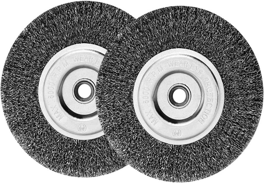 (6 in. 2pcs) - EMILYPRO 15cm Bench Wire Wheel Brush Coarse Crimped Steel Wire 0.03cm with 1.6cm Arbour for Bench Grinder - 2pcs
