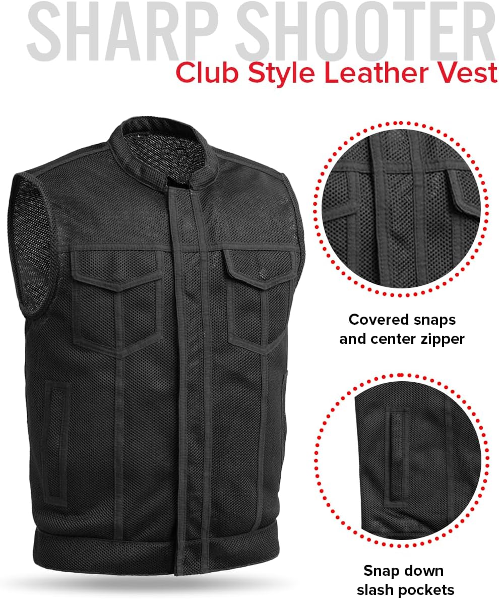 First Mfg Co Sharp Shooter Men's Motorcycle leather Vest - Classic Black Leather, Banded Collar, Covered Snaps