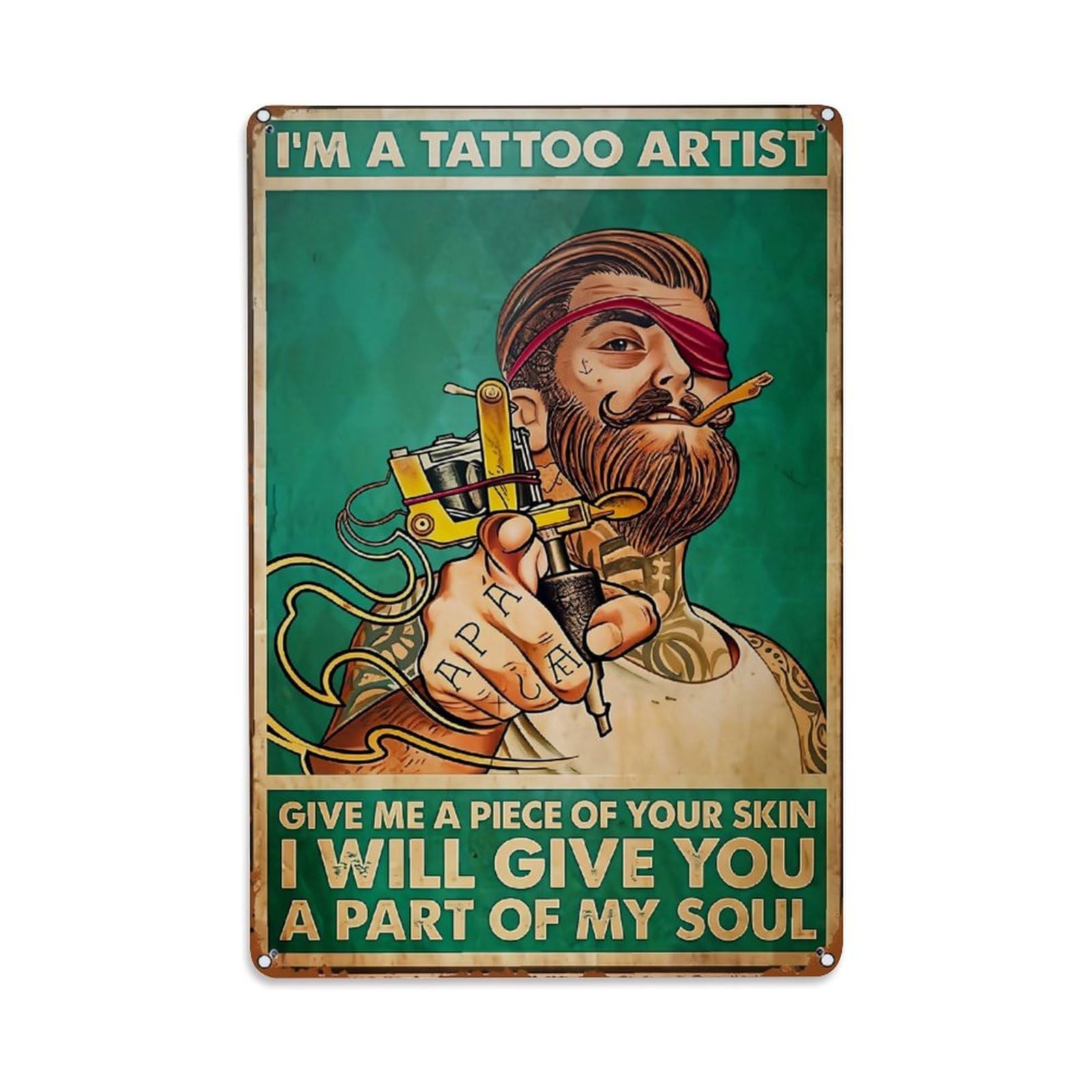 Jdfenggu Vintage Tattoo Artist With Gun Retro Metal Tin Sign, Metal Poster For Bar, Home, Man Cave, Kitchen, Laundry Room Art Decor 8X12 Inch
