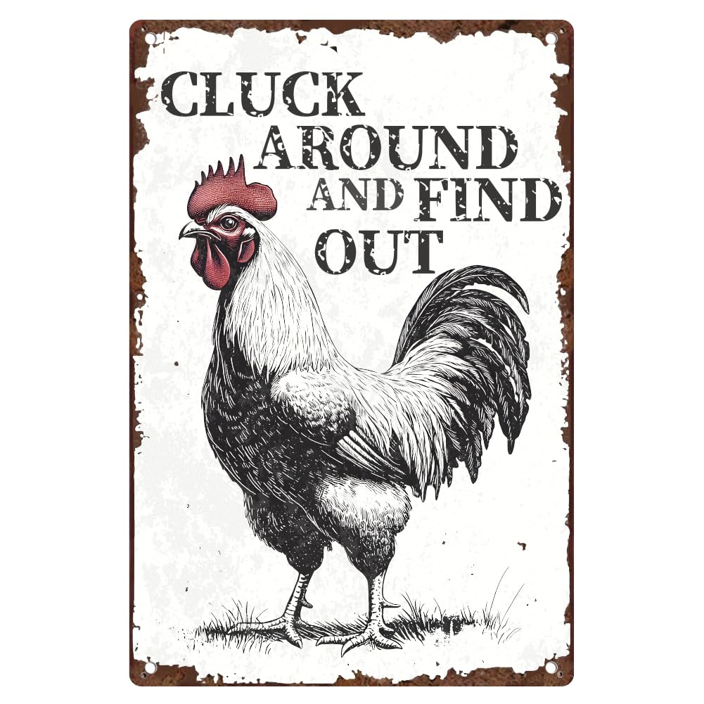 Vintage Chicken Coop Metal Tin Sign Farmhouse Decor Cluck Around And Find Out Funny Rustic Chicken Decoration For Home Kitchen Farm Backyard Garden Metal Tin Sign 8X12 Inch