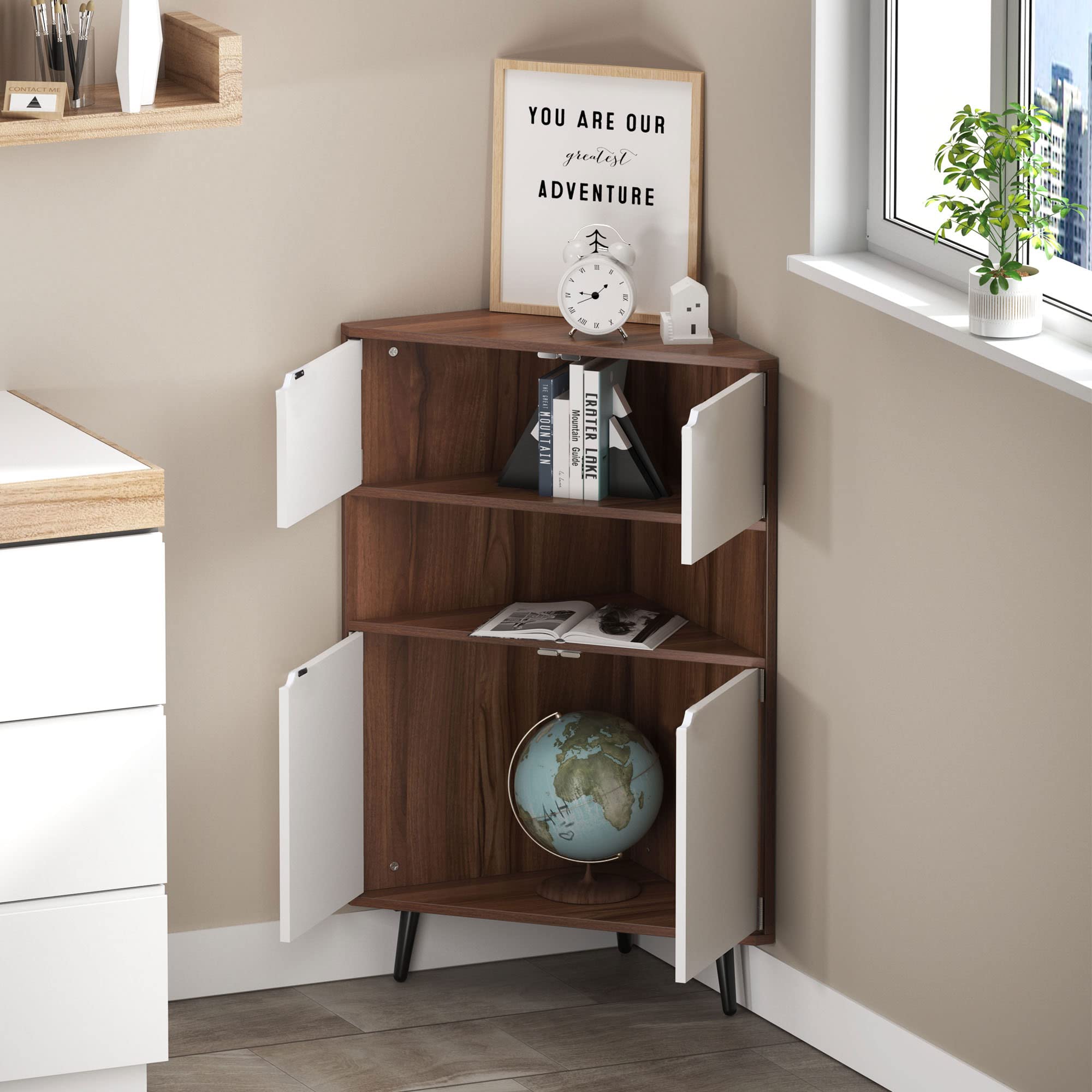 SogesHome Armadio Angolare da Parete in Legno Angolo di Stoccaggio Libreria Display da Tavolo con Ante e Scaffali Aperti per Piccoli Luoghi Soggiorno