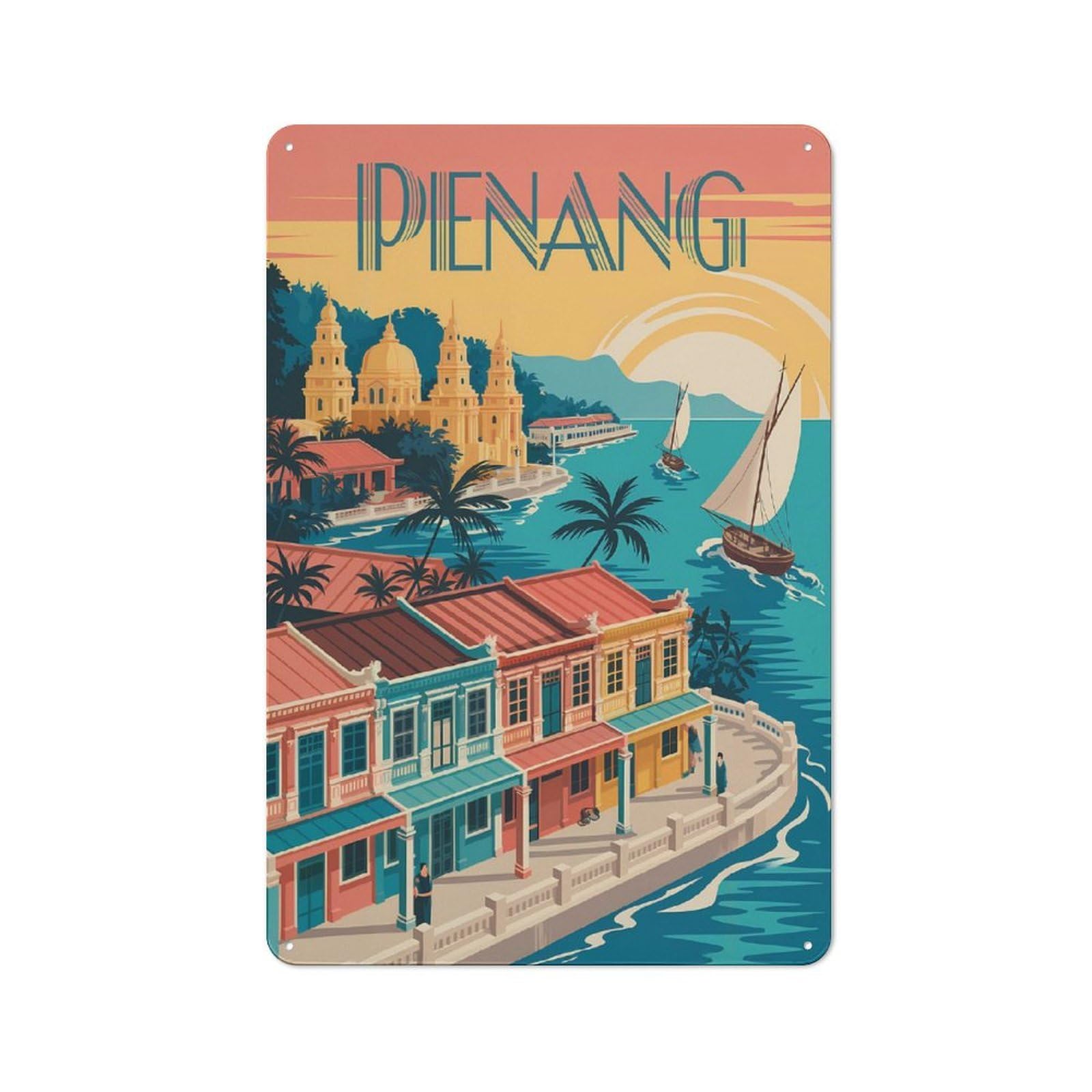 Tin Wall Plaque 30x20cm with Penang Travel for Hallway Wall, A Decorative Metal Sign for Hallways And Entrance Areas