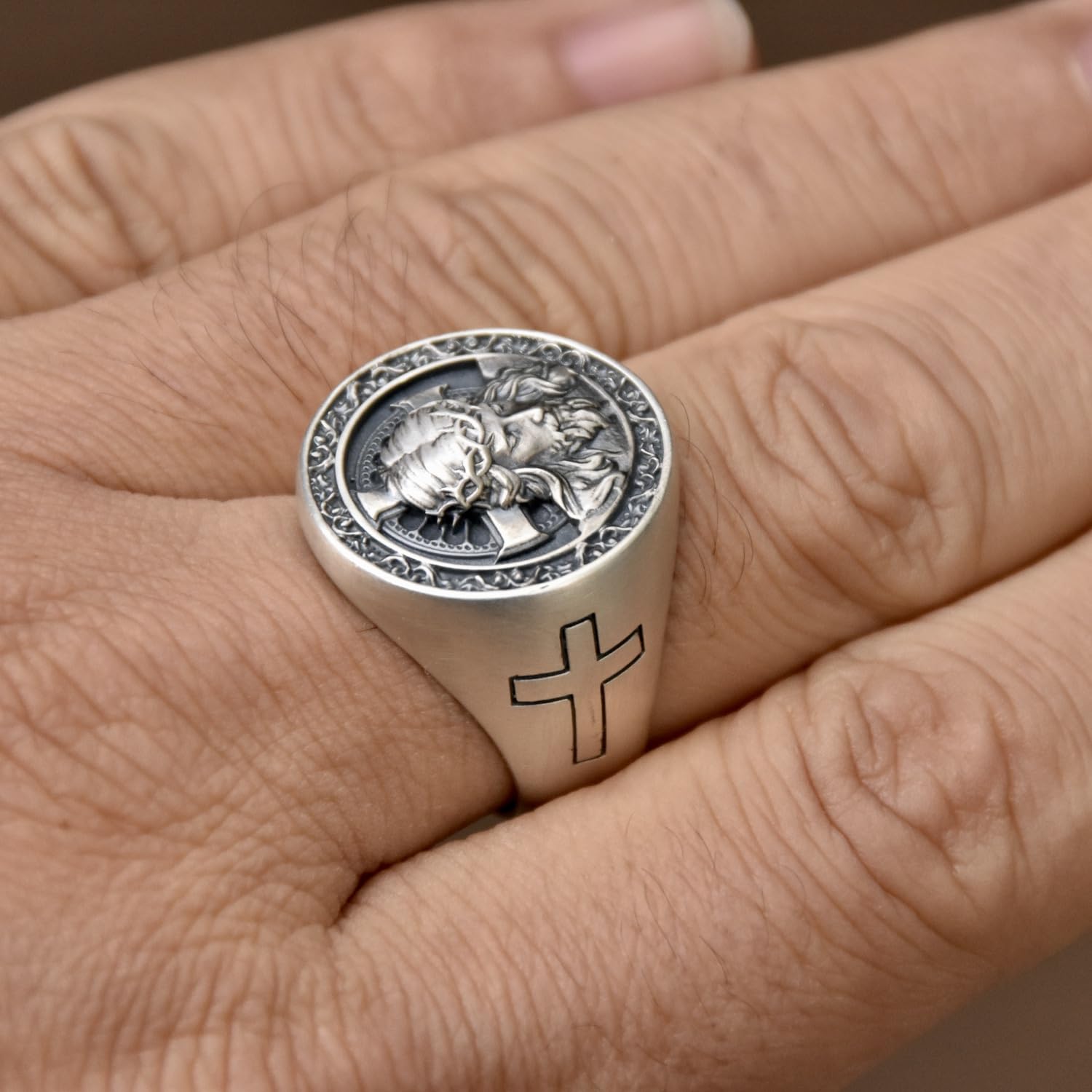 Jésus Christ Bague En Argent Sterling 925 Croix Dieu Tête Bijoux Religieux À La Main Biker Silverzone77