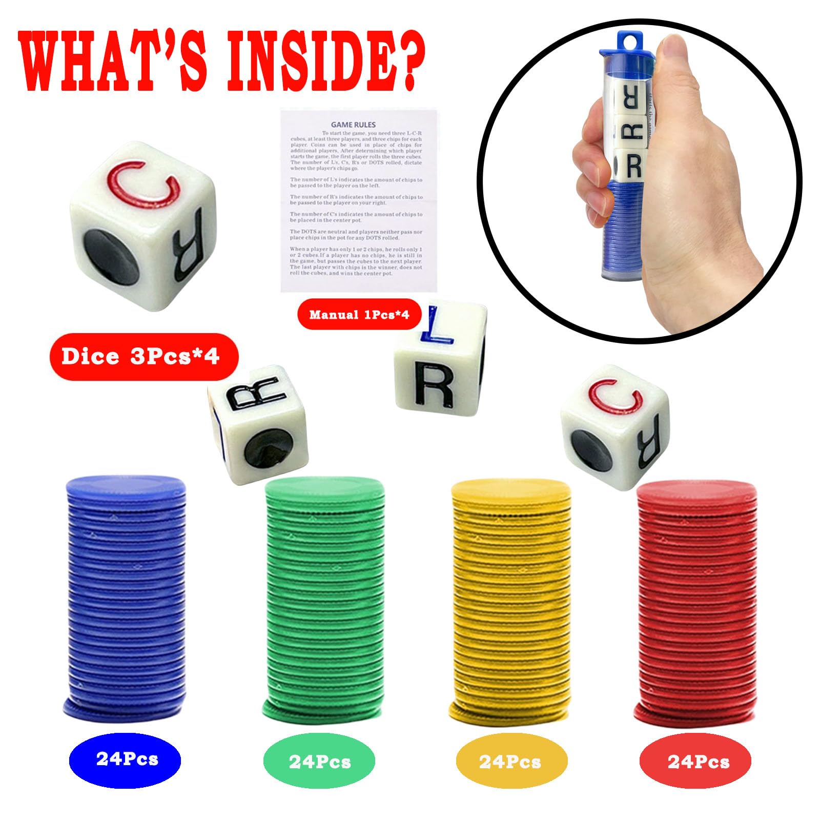 4 Tubes Left Right Centre Dice Games,4 Color Interactive Toy Round Corner Dice Portable Strike Dice Game,Fun Dice Game with 12 Dices+96 Chips for Kids Adults Christmas Family Camping Group Game Dice - Image 3
