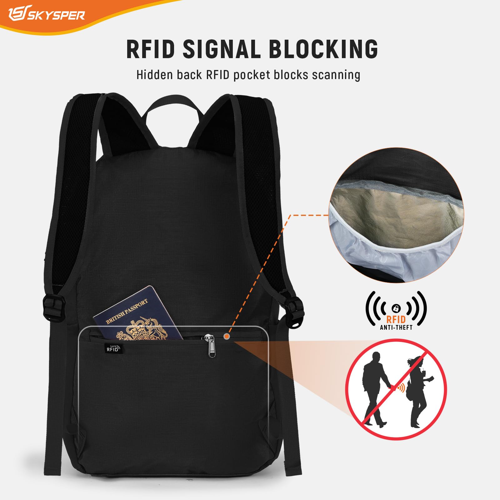SKYSPER Zaino Pieghevole Antifurto con Protezione RFID, 20L Zaino da Escursione Zainetto Piccolo da Hiking per Viaggio Trekking Ciclismo