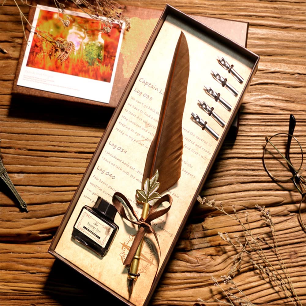 MKIUVintage Quill Pen, with 5 Replacement Nibs Natural Peacock Feather Dip Pen, Feather Calligraphy Pen Ink Set for Stationery Gift and Writing Stationery,B