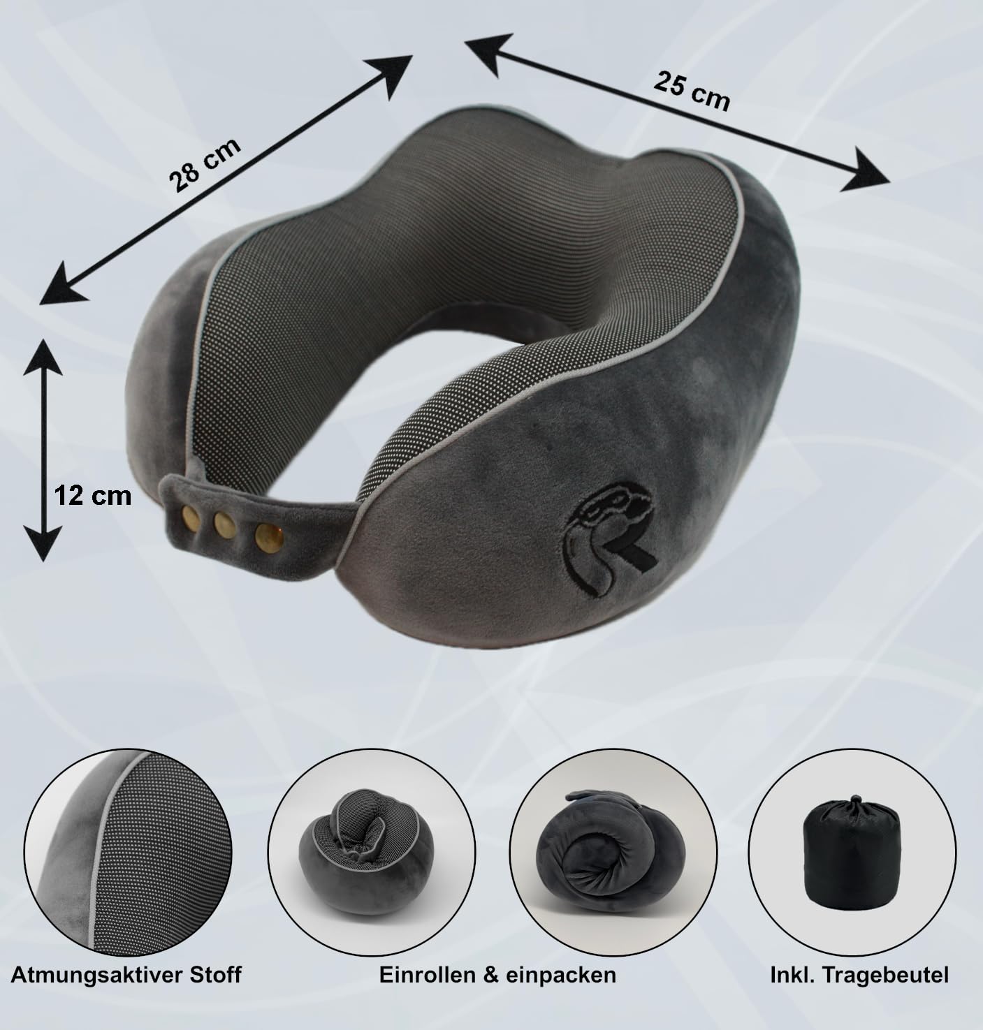 RAWS Coussin de voyage, en mousse à mémoire de forme, réglable, avec boutons-pression flexibles, pour soutien à 360 °, housse respirante et douce comme du velours, idéal pour les voyages