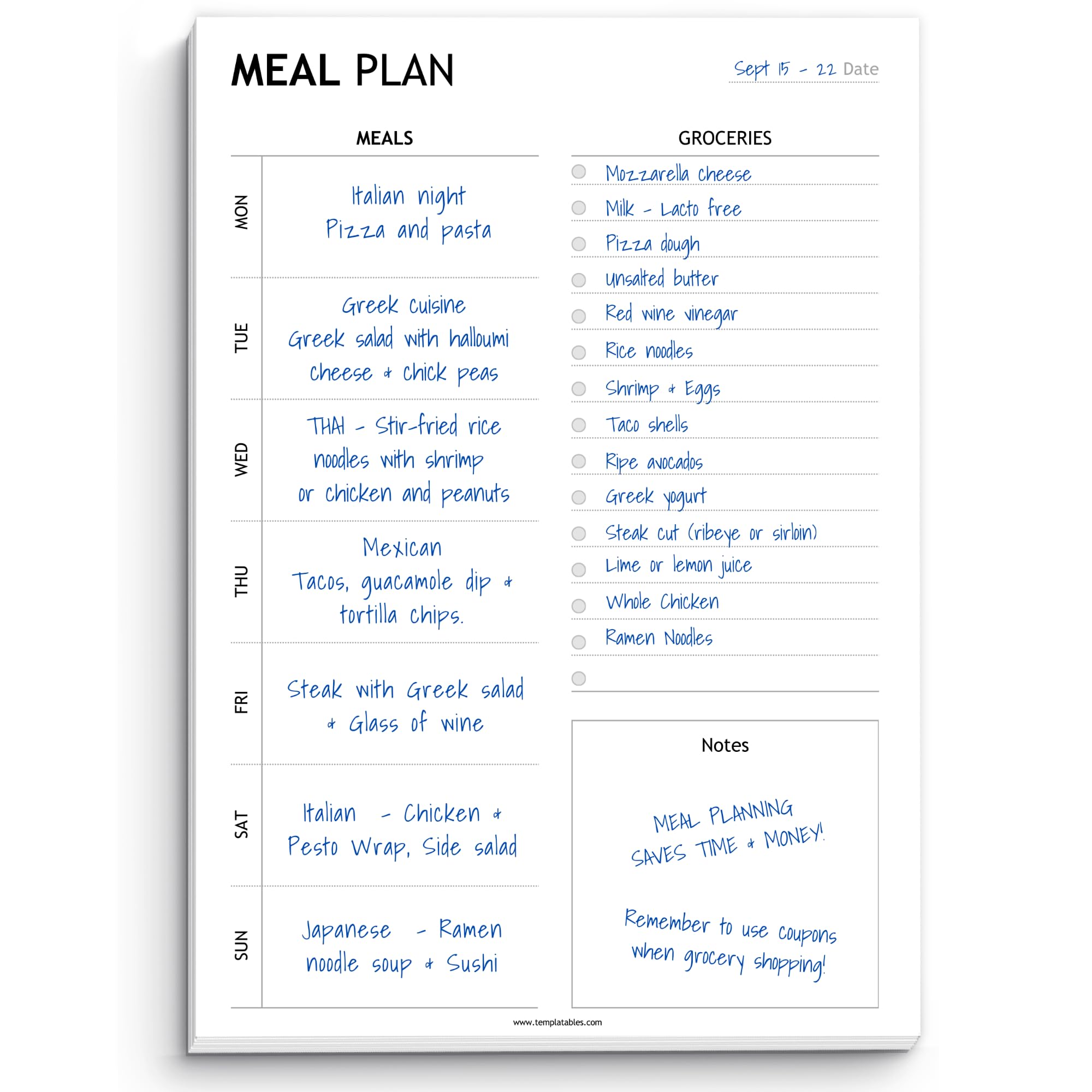 Templatables A5 Weekly Meal Planner Deskpad โ Tear Away Meal Planning Pad with Shopping List & Notes Section โ 50 Sheets, 120gsm Premium Paper โ Family Food & Grocery Planner