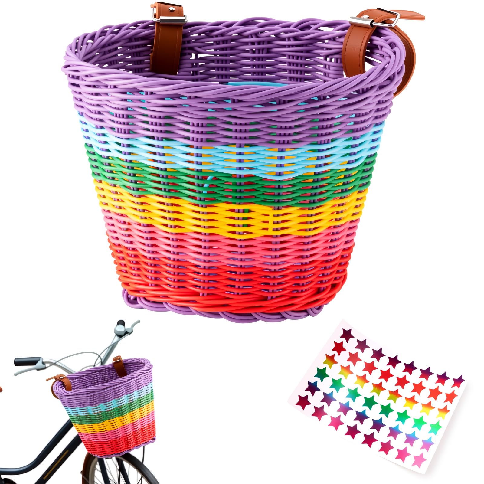 Kids Bike Basket, Handwoven Front Bicycle Basket with Genuine Leather Straps, Detachable & Easy to Install, Includes Free Stickers, Bike Accessories for Girls and Boys (12-16 Inch Wheels)