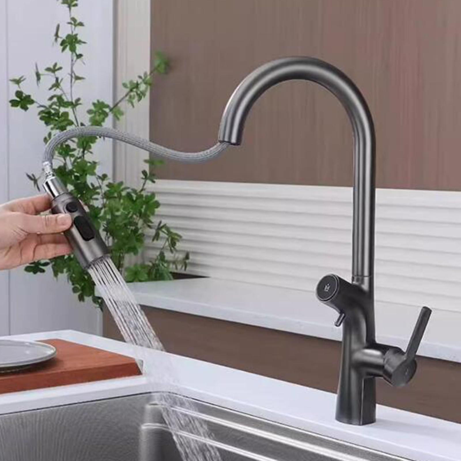 Grifo Cocina 3 Vias Osmosis Extraible Acero Inoxidable Cepillado Grifo de Cocina Un Solo Orificio Agua Fría y Caliente Agua Purificada-Cepillado