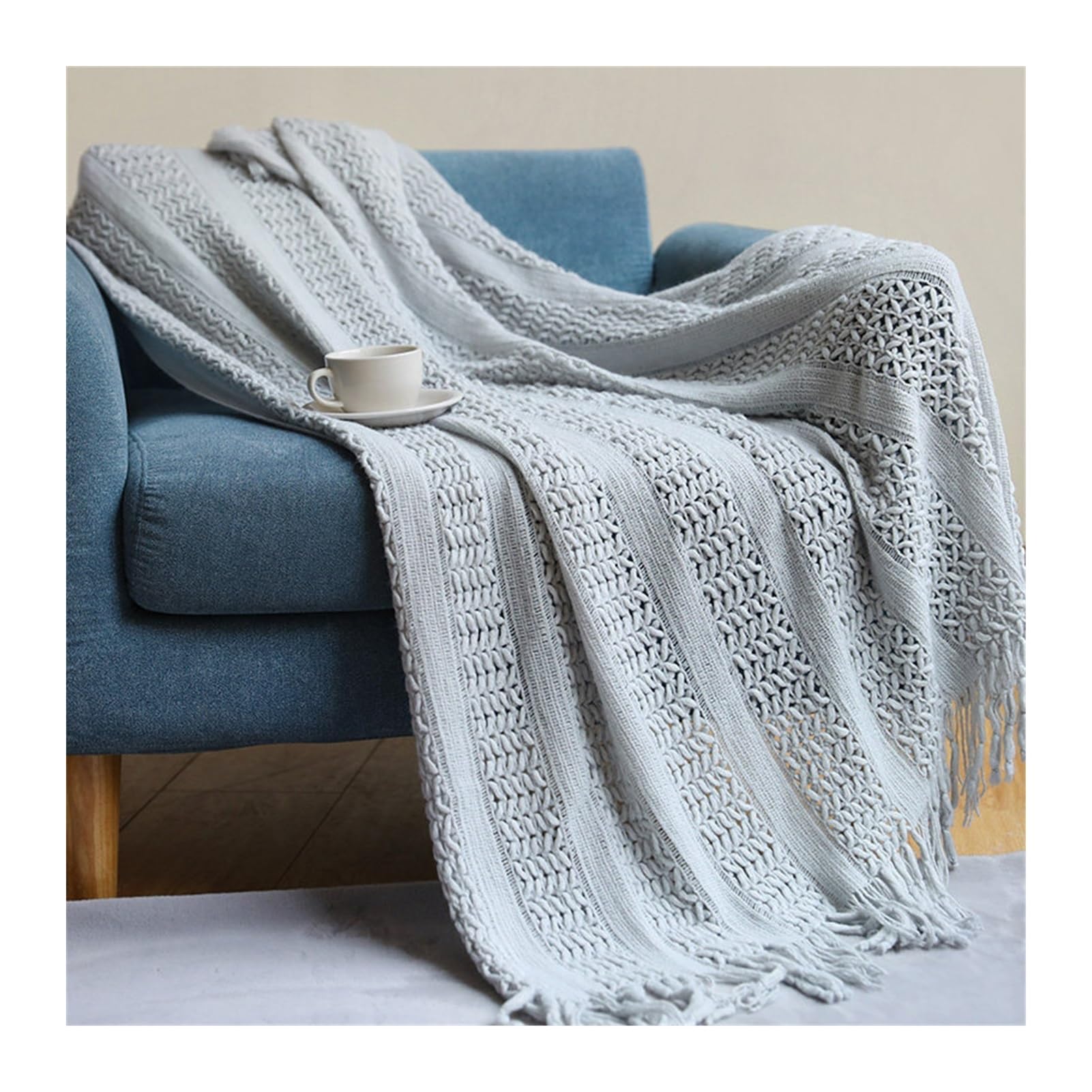 DHJKFU Bohemian Solid Color Oat Pattern Tassel Throw Blanket