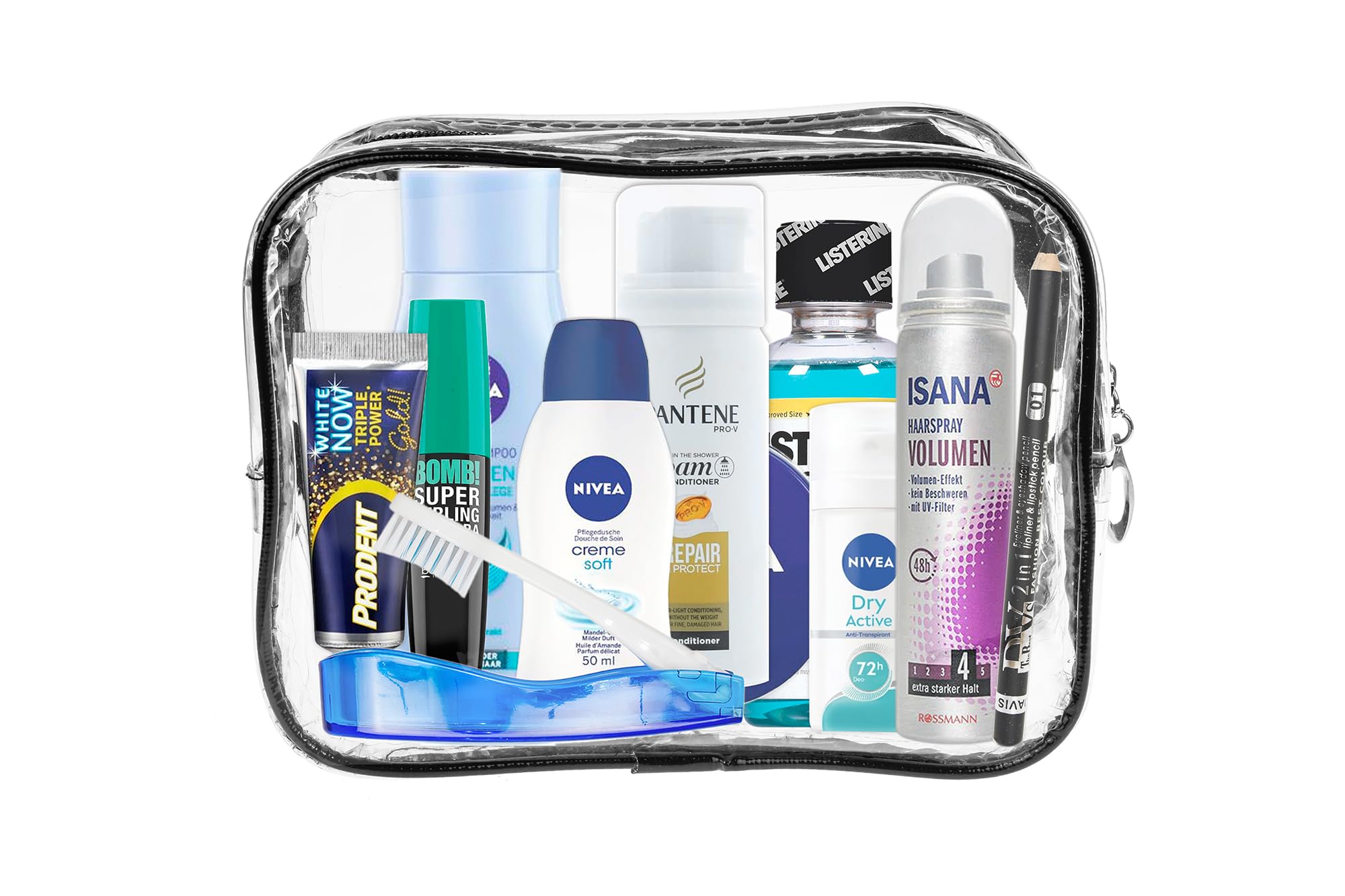 Set da viaggio adatto per bagaglio a mano, vacanze, comprendente tutti i prodotti di marca per la cura della persona necessari, in un beauty case in PVC