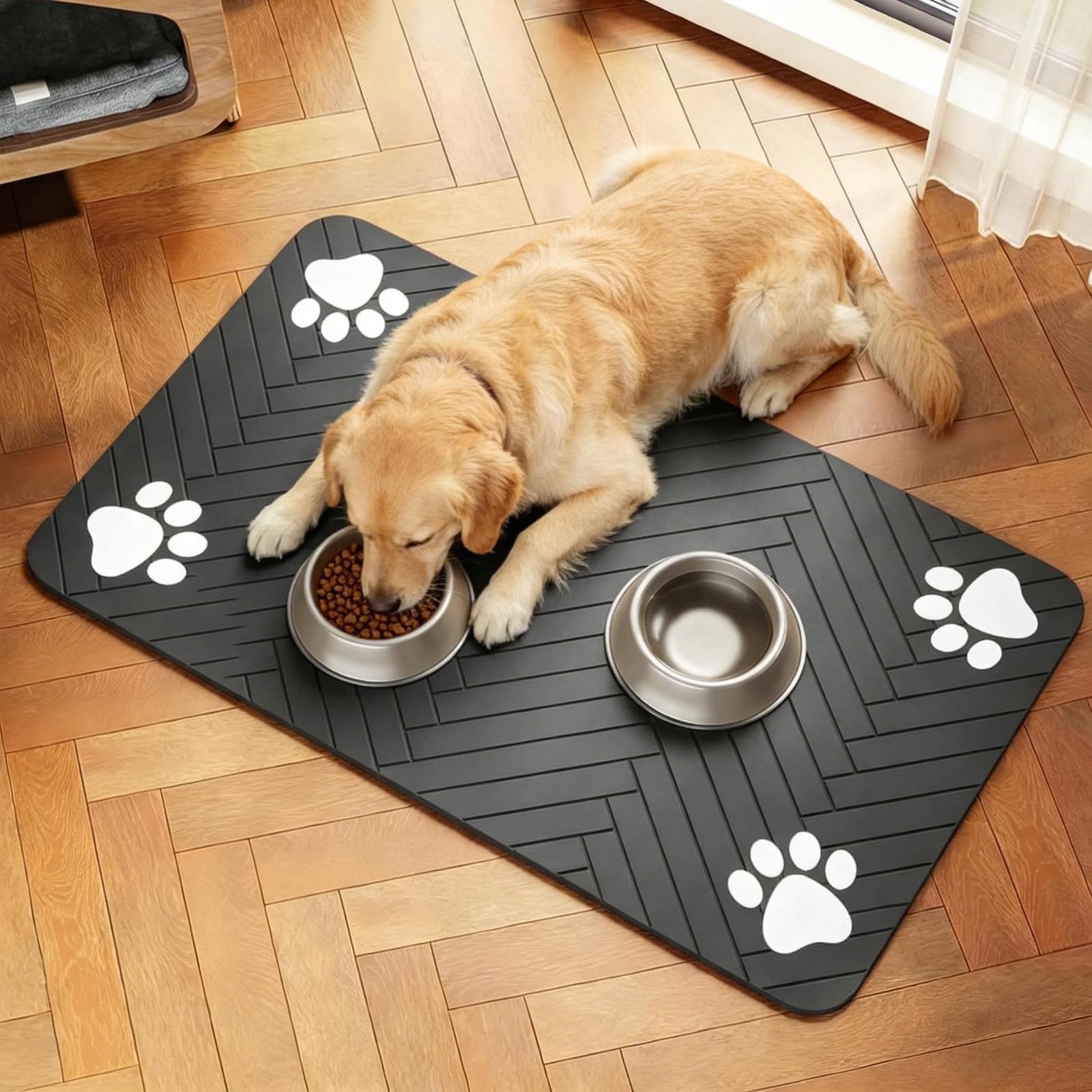 Dog Cat Feeding Mat - 40 x 60 cm Large Absorbent Pet Mat for Dog Food Bowl and Water Bowl, No Stains and Quick Dry Cat Pet Feeding Mats, Non Slip Pet Supplies, Keep Floors Clean(Grey, 4 Paw Prints)
