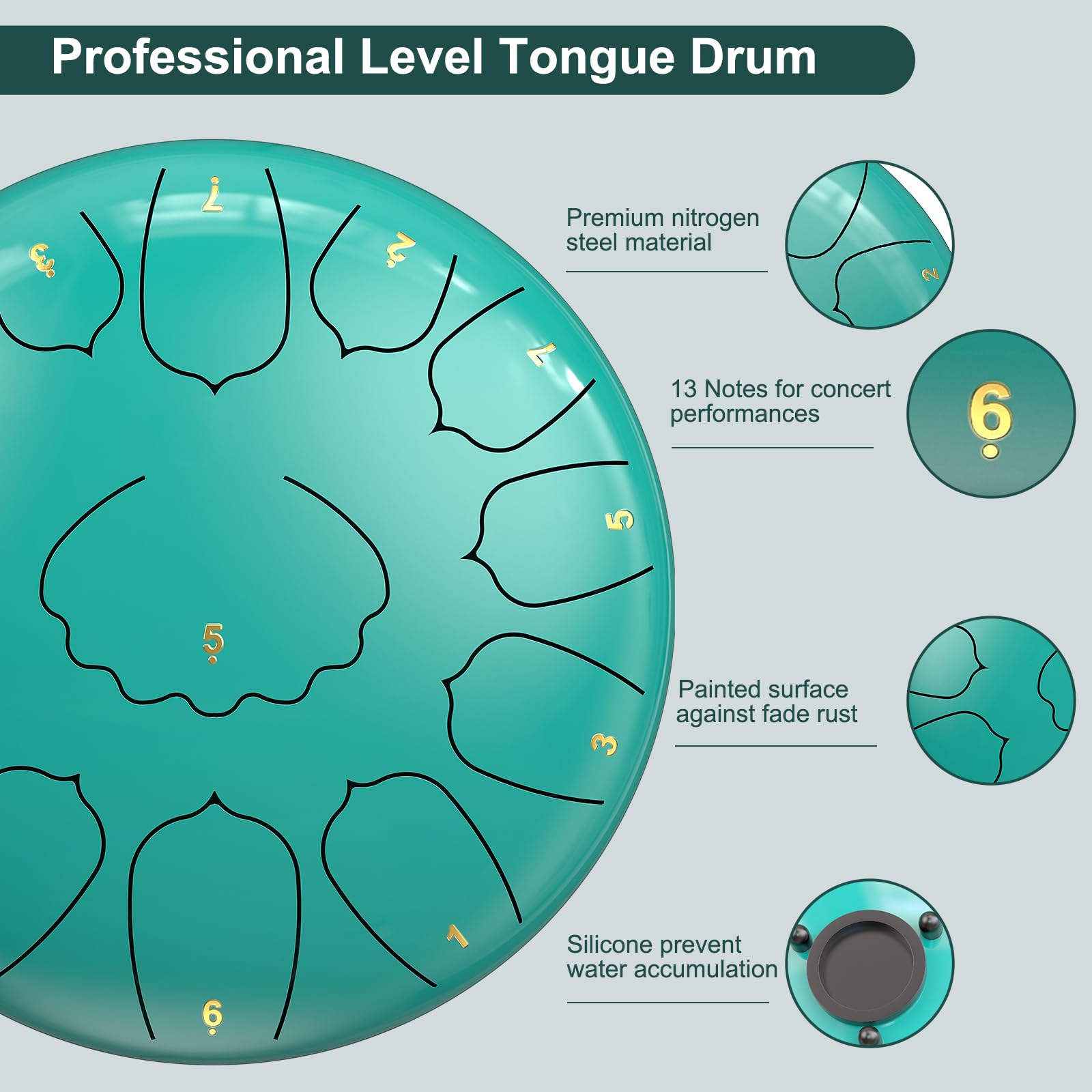 D Major Steel Tongue Drum Handpan, 12 Inch 13 Note Rain Drum for Outside Garden, Meditation Rain Chime, Musical Percussion Instrument for Adult Gift with Bag, Music Book, Drum Mallets (Lake Blue) 2