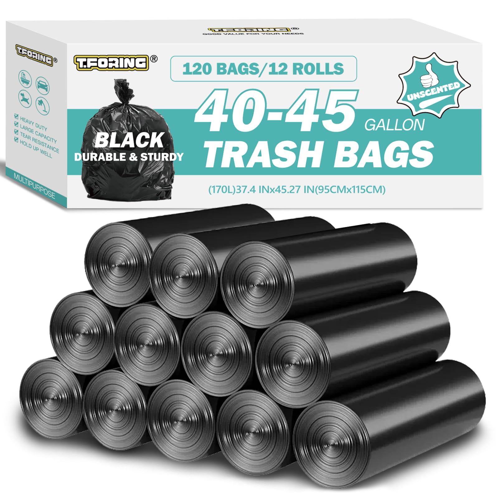 40-45 Gallon Black Trash Bags 120 Count - 37x45 Large Garbage Bags Unscented 40 Gallon Trash Can Liners