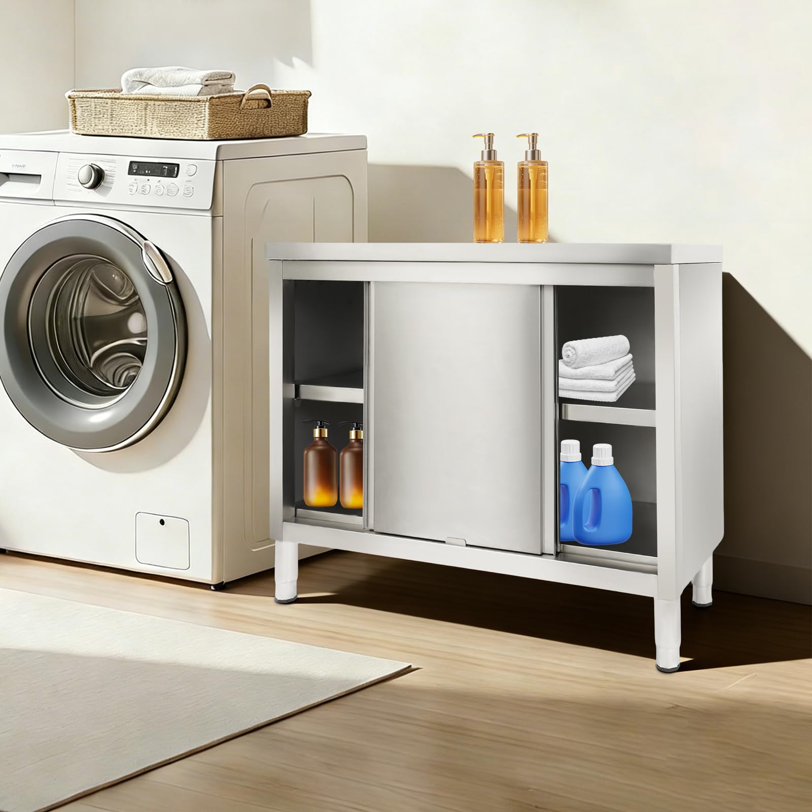 Tavolo da lavoro con ante scorrevoli, in acciaio inox, 100 x 50 x 86 cm, altezza regolabile 5-20 cm, armadio in acciaio inox, elevata capacità di carico, doppio uso
