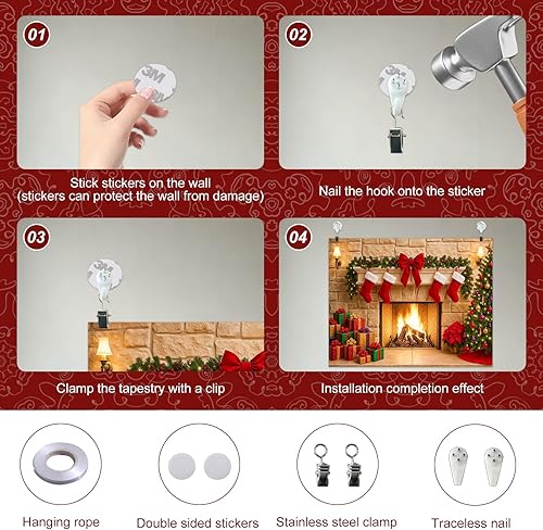 Miniatura 8 de Telón de fondo navideño para chimenea de 8 x 6 pies, pancarta de fondo para fotos navideñas con medias de árbol y regalos, decoración de invierno