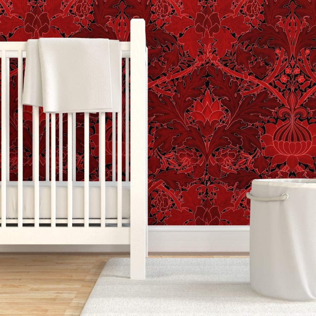 Removable Wallpaper 6ft x 2ft - Damask Red Black Art Nouveau Victorian Floral Custom Pre-Pasted Wallpaper by Spoonflower