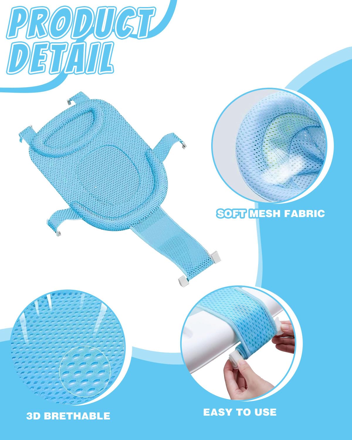 1 pezzo Tappetino da Bagno Per Neonati, Con Rete Regolabile, Antiscivolo, Con Cintura di Sicurezza, Per Neonati(Blu)