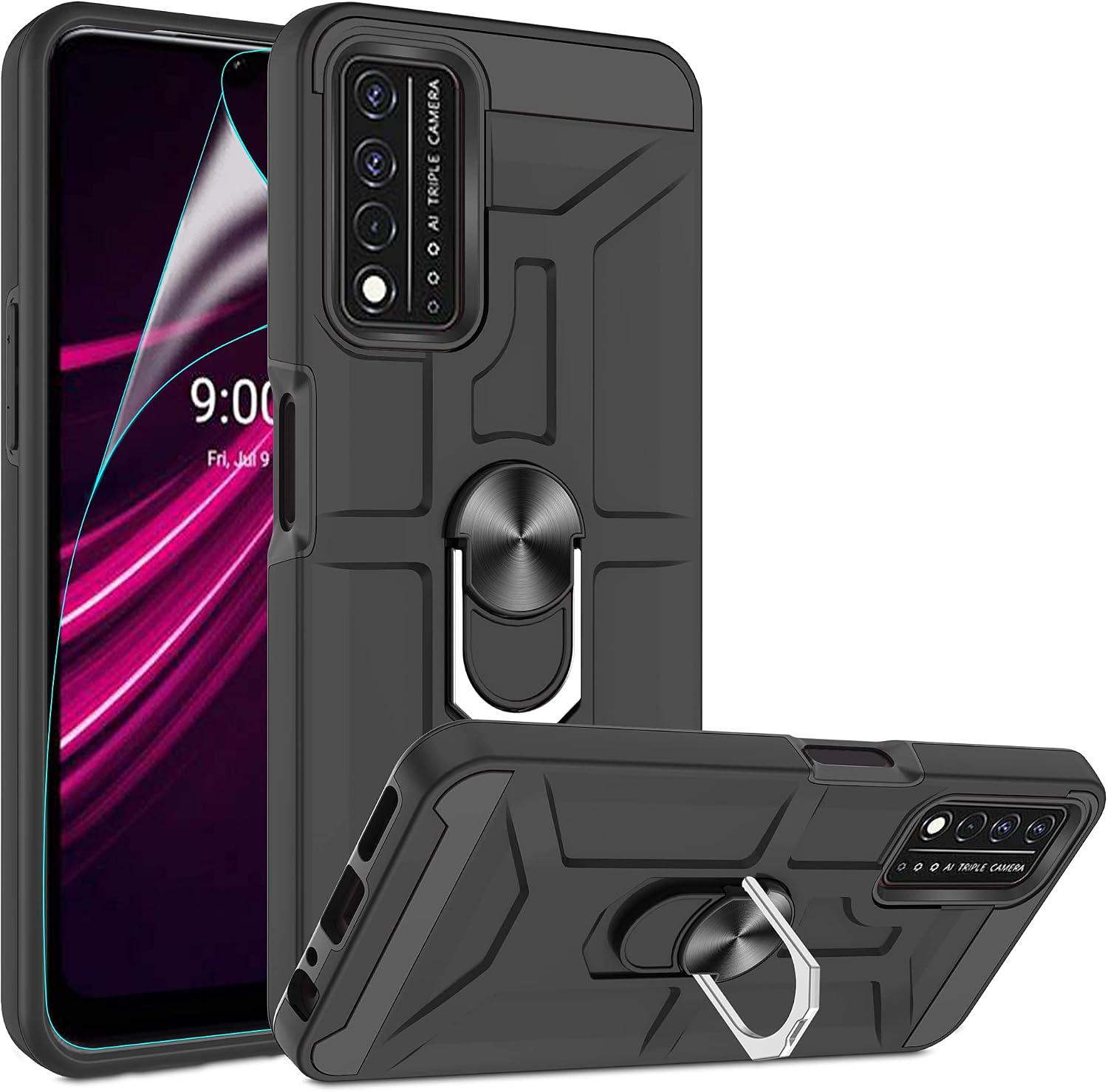 ATUMP T-Mobile Revvl V+ 5G Case, TCL Revvl V Plus 5G Phone Case with HD Screen Protector, 360° Rotation Ring Kickstand PC + TPU Dual Layer Shock Absorption Protective Case for Revvl V+ 5G, Black
