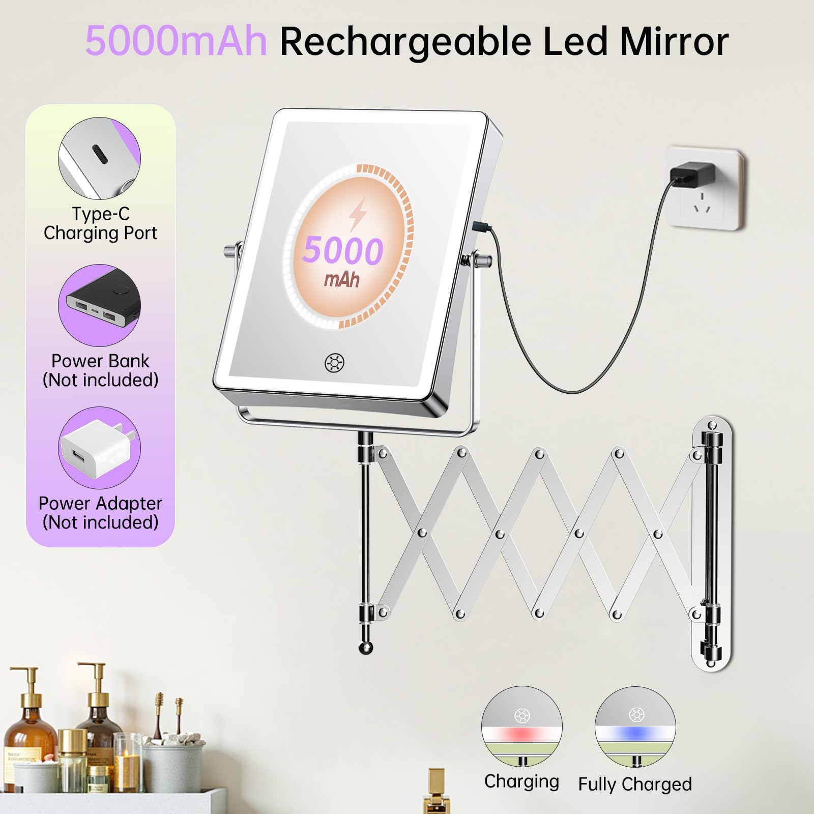 Famihomii Oplaadbare make-upspiegel met ledverlichting
