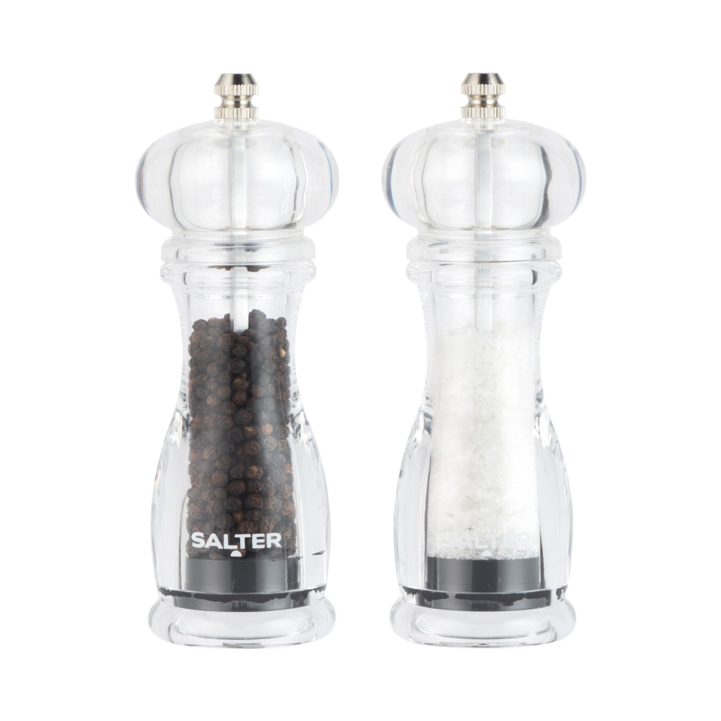 Salter Transparent 7606 Clxr Salt & Pepper Grinder Set – Refillable Mill Set, Twist To Grind, Ceramic Mechanism, Adjustable Fine To Coarse Grind, 66G Sea Salt/30G Peppercorns, Clear Acrylic Design