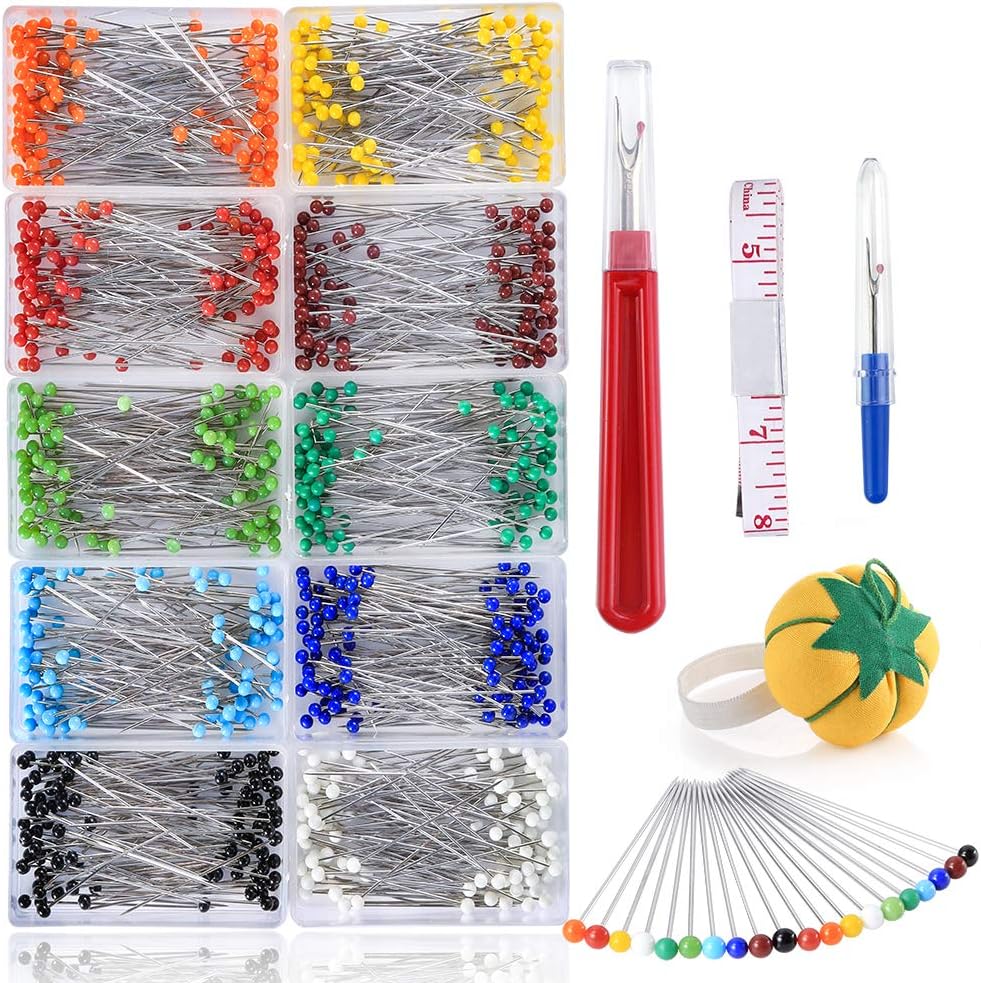Pllieay 1000 Pieces Sewing Pins Multicolor Glass Ball Head Pin Straight Quilting Pins including Sewing Seam Ripper and Soft Tape Measure for Dressmaking Jewelry Components Flower Decoration with Trans