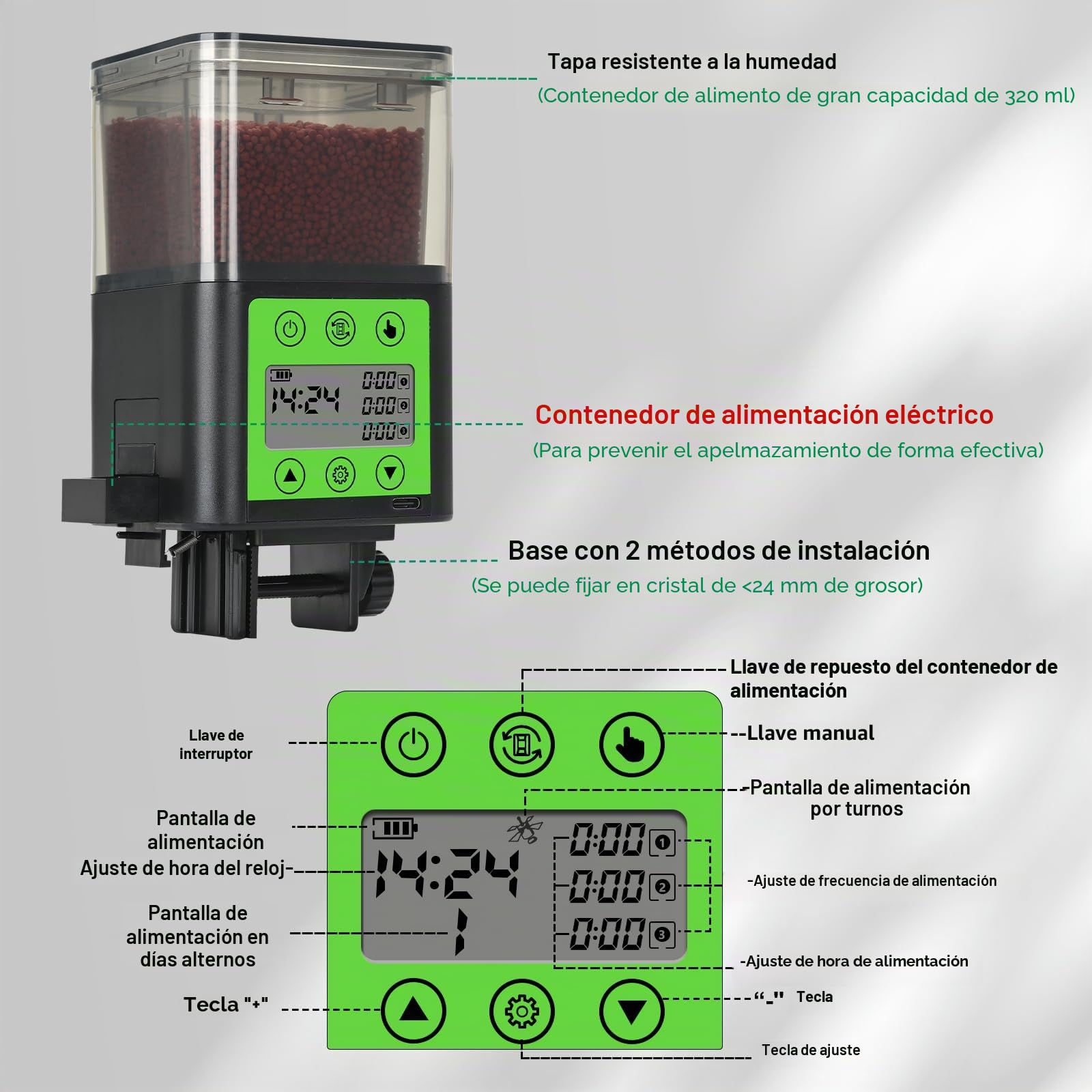 Lychee Dispensador automático de alimentos para peces recargable por USB 320 ml de gran capacidad con pantalla LCD resistente a la humedad con temporizador eléctrico