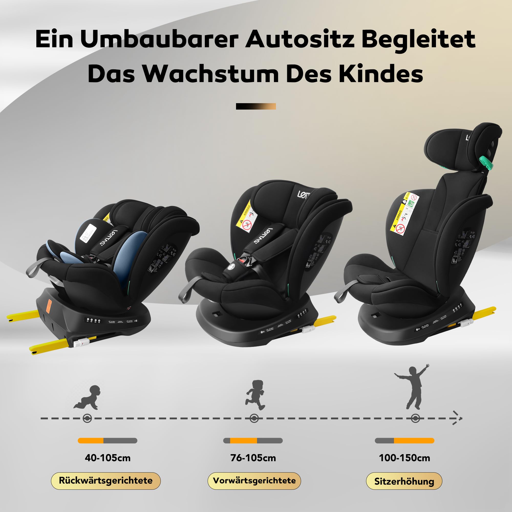 LETTAS I-Size 360° Drehbar Kindersitz, Autositz 0-12 Jahre (40-150 cm), Kinderautositz mit Isofix Verstellbarer Kopfstütze, ECE R129