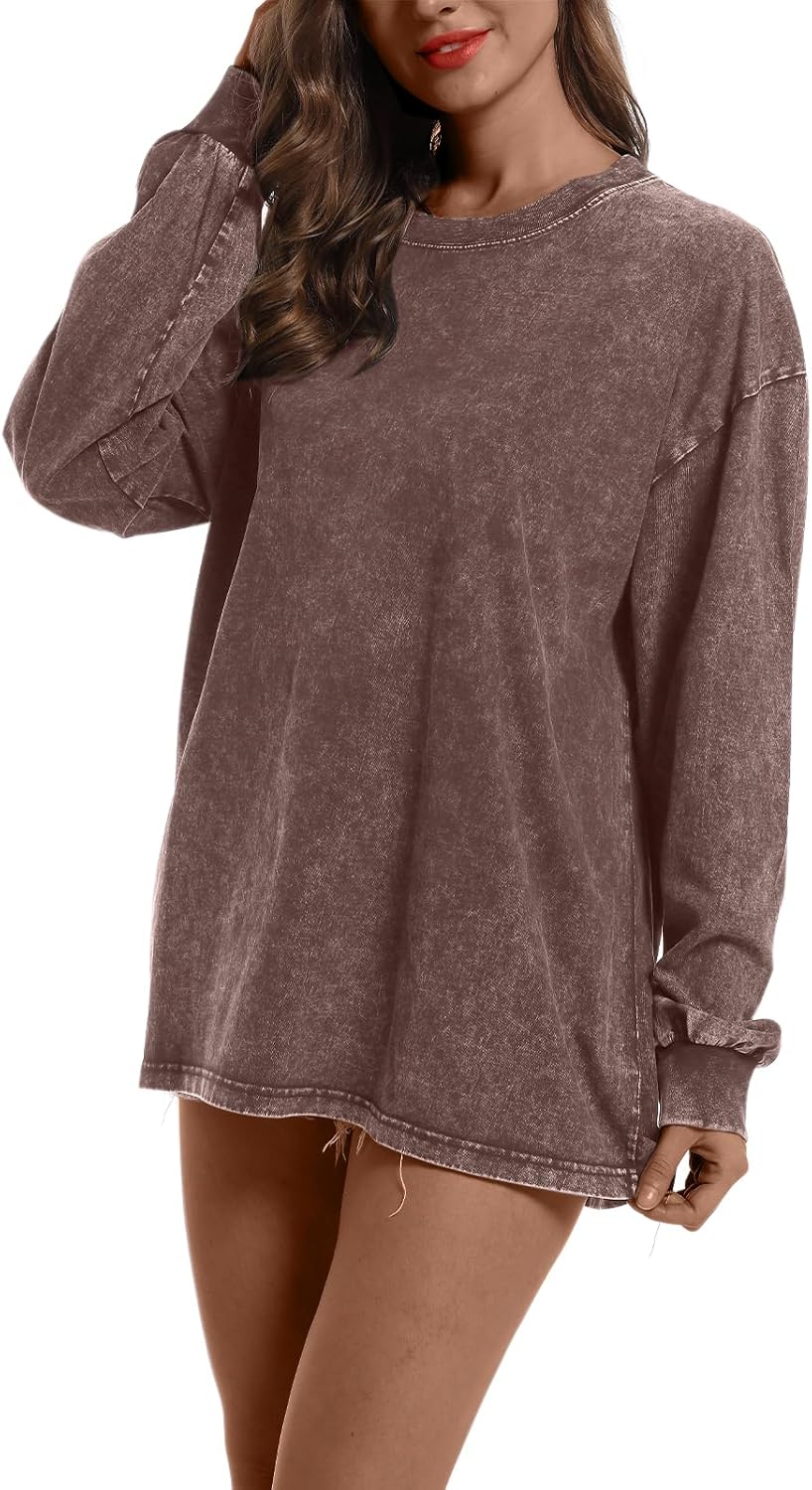 BINTEHGS Crewneck Oversized Long Sleeve Shirts for Women Loose Fit Vintage Acid Wash Tshirt Basic Solid Color Tee Sweatshirt - Image 3