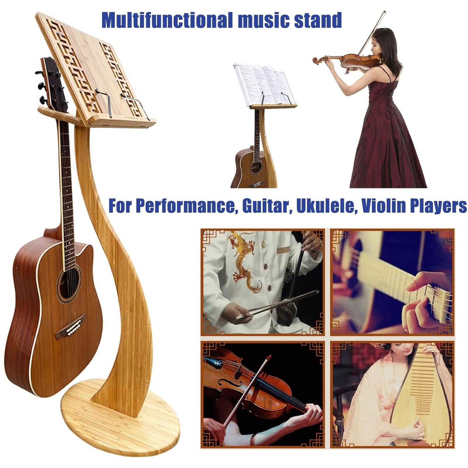 Atril De Madera para Partituras con Soporte De Bambú Extraíble para Director De Partituras con Colgador para Violín, Diseño Giratorio De 340°, Ángulo Ajustable para Guitarr,