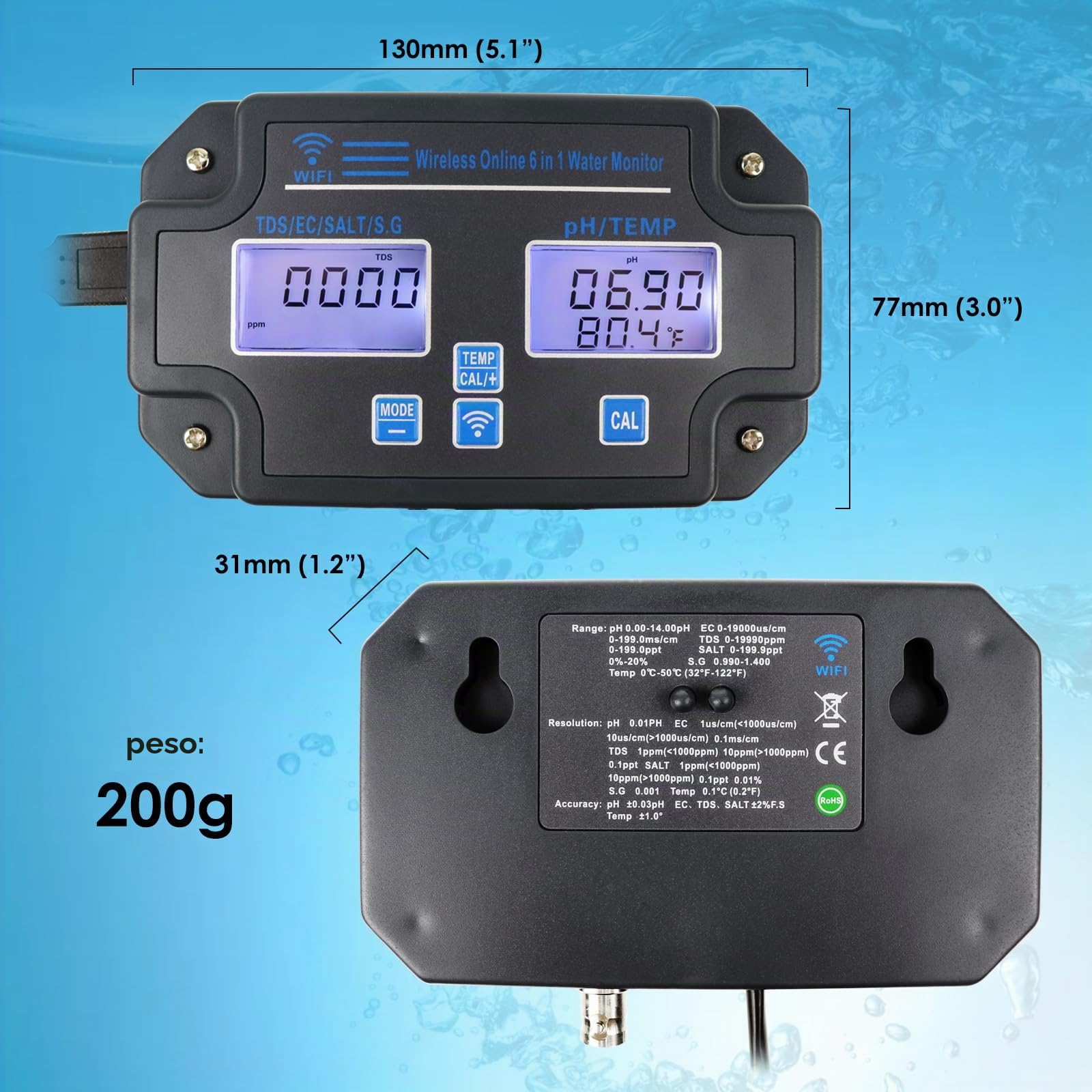 6 en 1 Multiparámetro Probador de pH: pH/EC/TDS/Sal/SG/Temperatura con Inalámbrico Wi-Fi Supervisión a través de Móvil APP Fácil 3 Puntos Calibración para Pez Estanques, Acuarios, Hidroponia