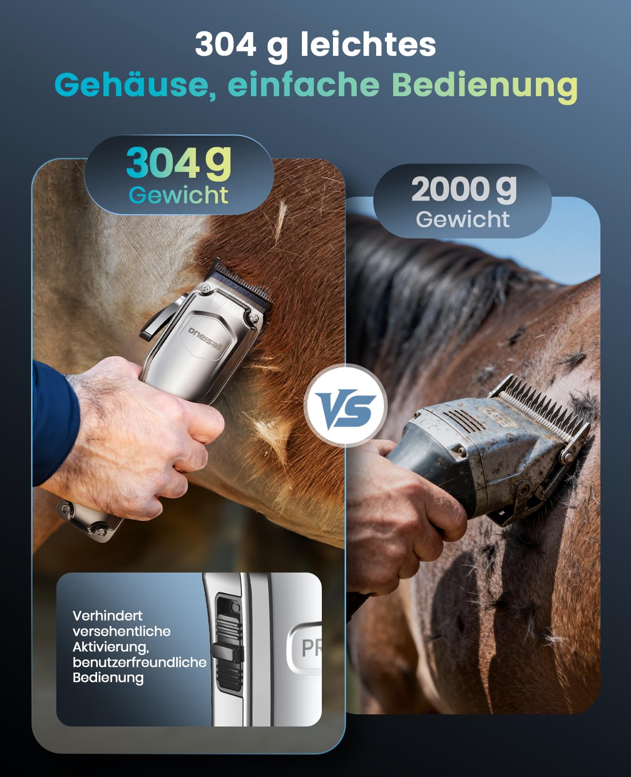 oneisall Kabellose Schermaschine Pferd, Pferdeschermaschine mit 6 Aufsätzen und abnehmbarer Edelstahlklinge im Stall, Leise Tierschermaschine Pferd/Hund für dickes fell, 4h Laufzeit