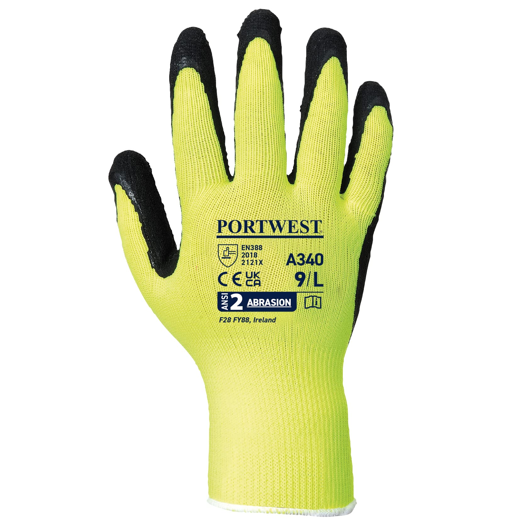 Portwest A340 High Visibility Grip Glove - Latex Foam Yellow, Small - Image 2