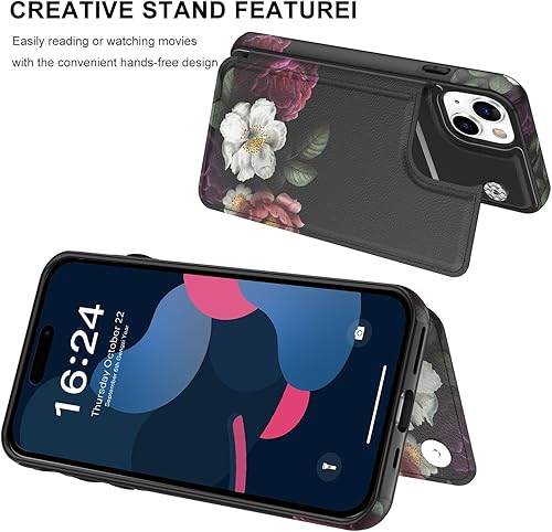 Miniatura 4 de LETO Funda tipo cartera de piel con tapa para iPhone 15+ Plus, diseños de flores de moda, ranuras para tarjetas, función atril, funda protectora