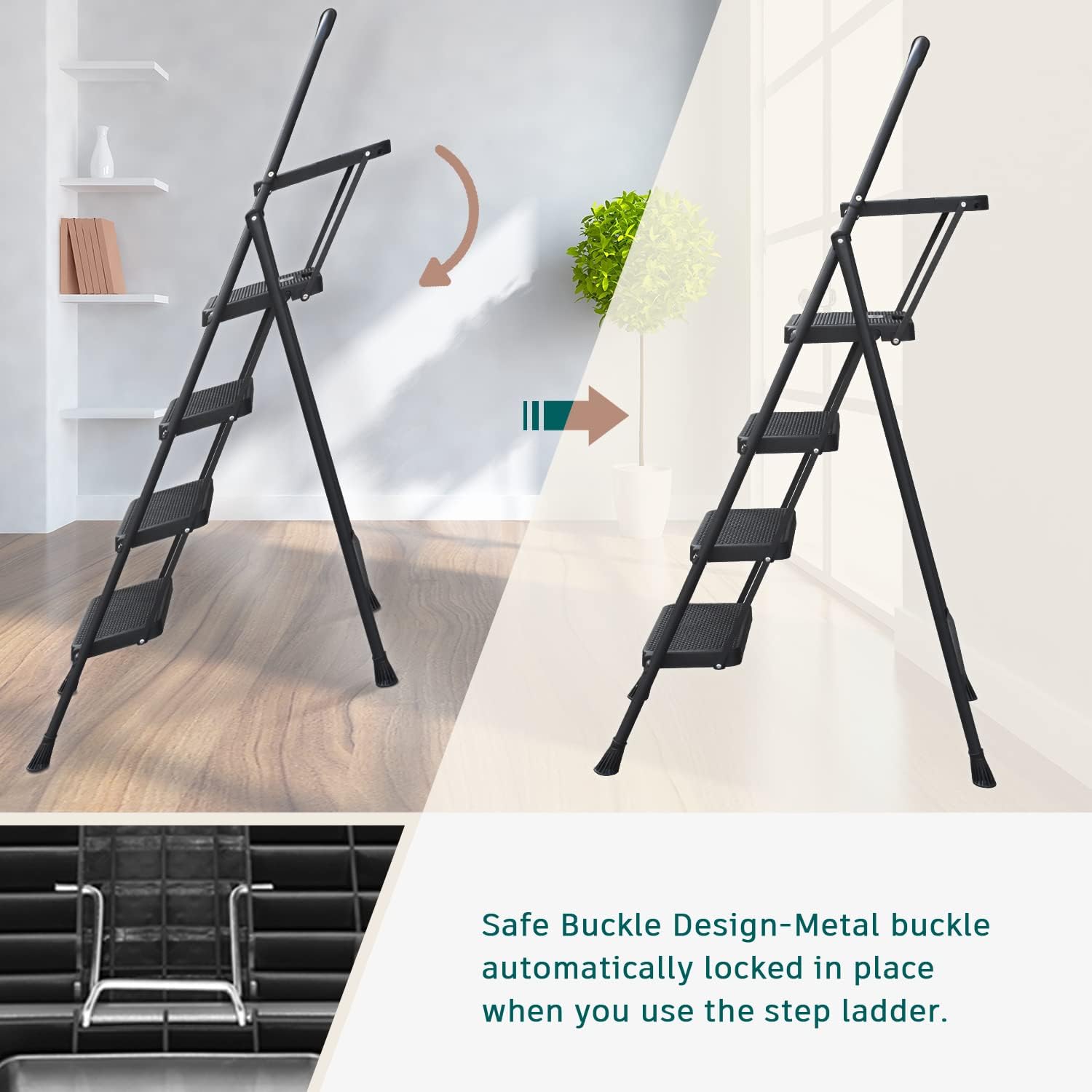 HBTower 4 Step Ladder with Tool Tray, Folding Step Stool with Wide Non-Slip Pedal and Comfort Handgrip for Household and Office, Lightweight 330lbs Capacity Step Ladder, Black