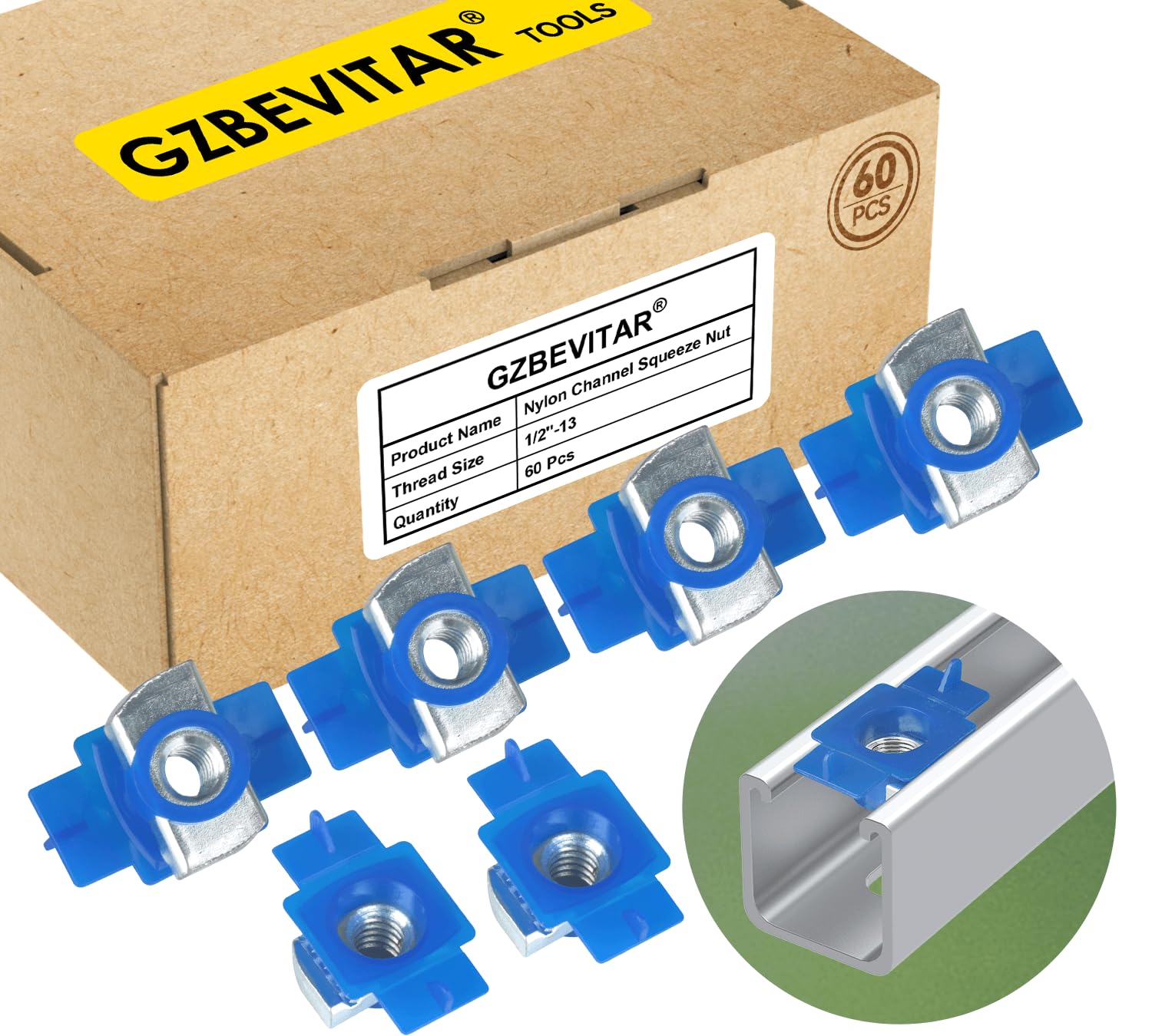 Nylon Channel Squeeze Nut, 1/2"-13 Strut Channel Cone Nuts - 60 Pcs, Easy Positioning for American Channel Support Systems, Solar Panels Mounting (60 Pcs)