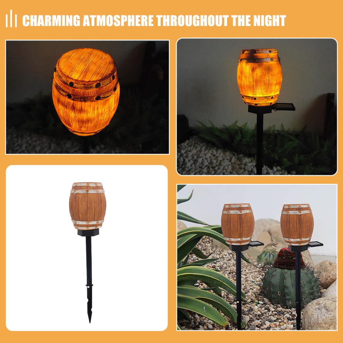 YARNOW Luce Solare da Giardino a Forma di Botte in Resina, Decorativa e Creativa, Senza Fili, per Prato e Patio, Lampada a Energia Solare per Esterni