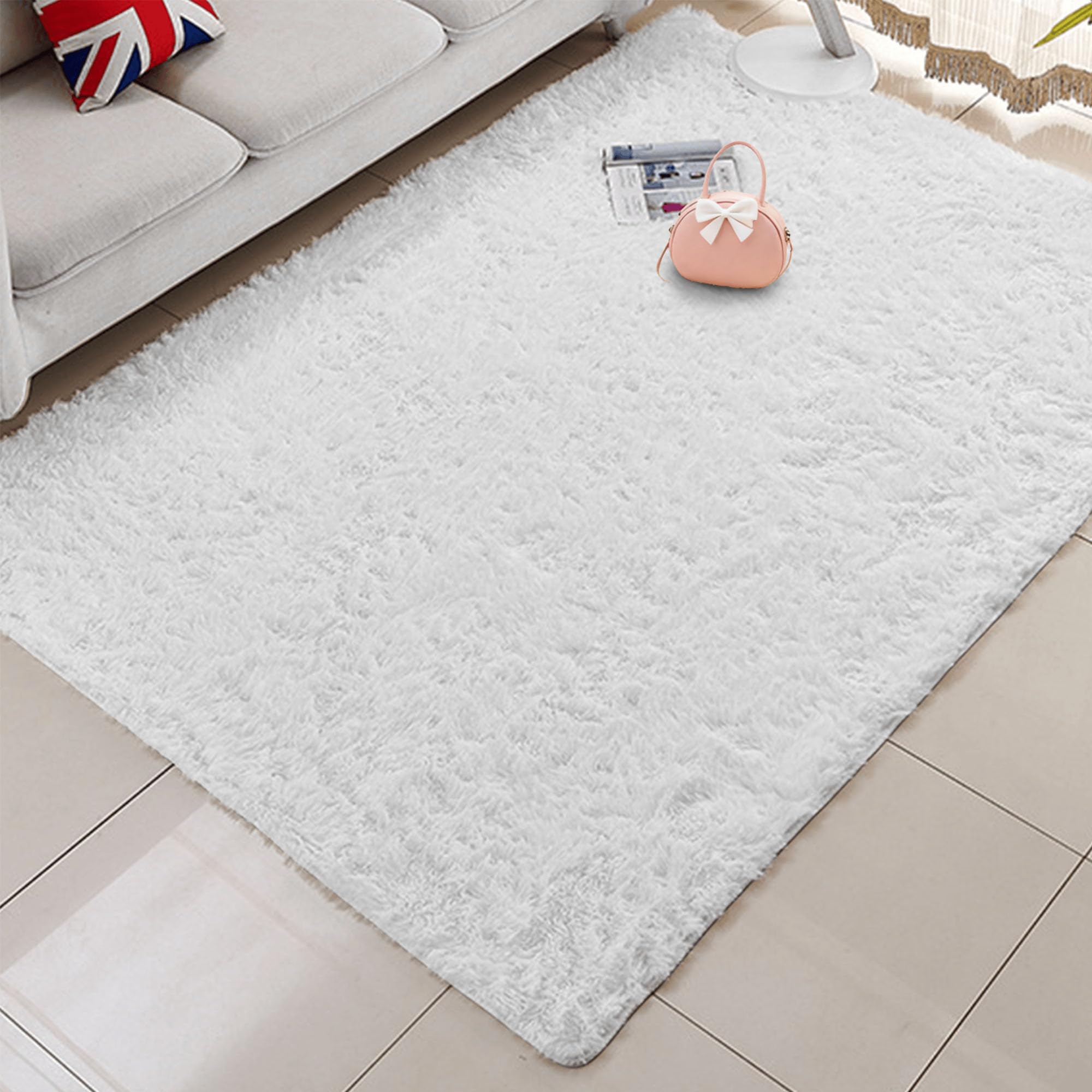 Tapis de salon 300 x 300 cm shaggy blanc lavable et grand format pour chambre