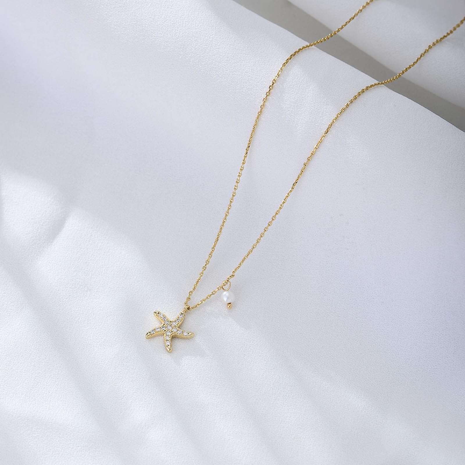 Collar con colgante de moissanita para mujer, oro amarillo de 9 quilates, 14 quilates, 18 quilates, 12,3 mm, con colgante de estrella de mar y perla, cadena Rolo: 40 + 5 cm