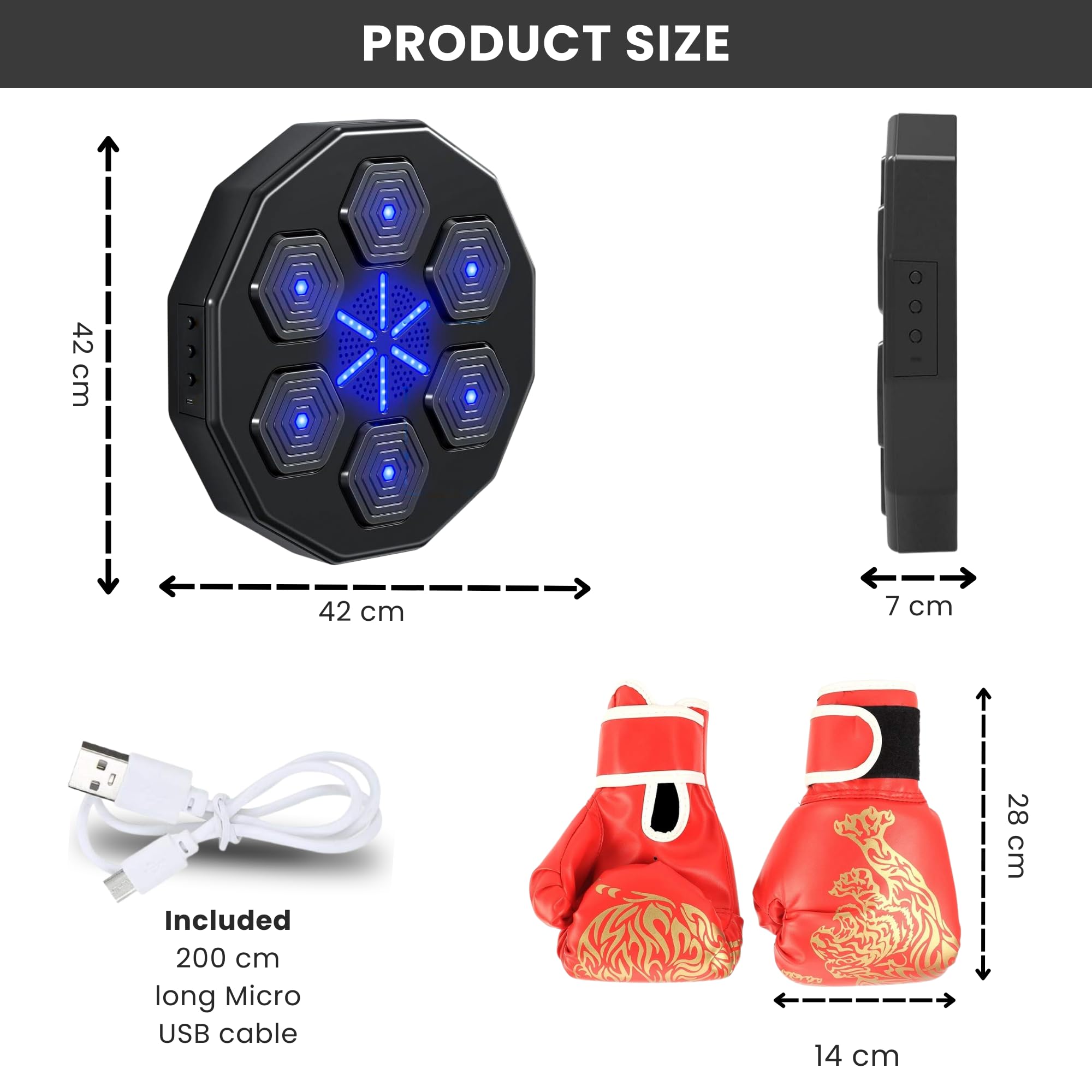 MAGIC SELECT Máquina de Boxeo Musical, Equipo de Entrenamiento de Boxeo para Pared de Poliuretano, Almohadilla de Boxeo con LED, Bluetooth, Luces al Ritmo de la Música. (1 Modo, 42x42x7 cm)