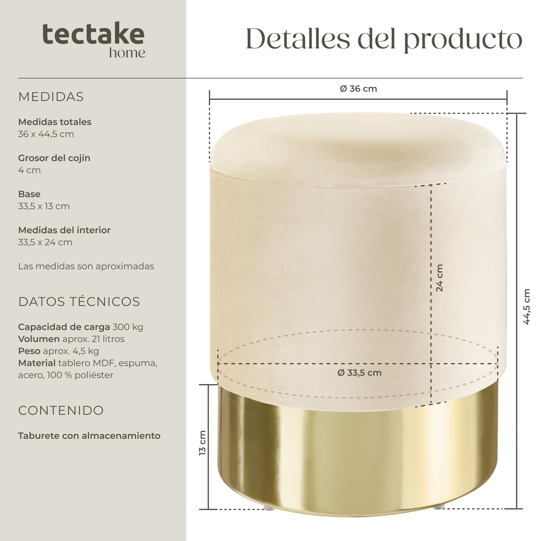 tectake® Taburete Tocador con Almacenaje para Dormitorio, Ideal Puff Almacenaje o Silla Tocador Maquillaje, un Mueble Auxiliar Dormitorio Práctico y Elegante - 36 x 36 x 44,5 cm Crema
