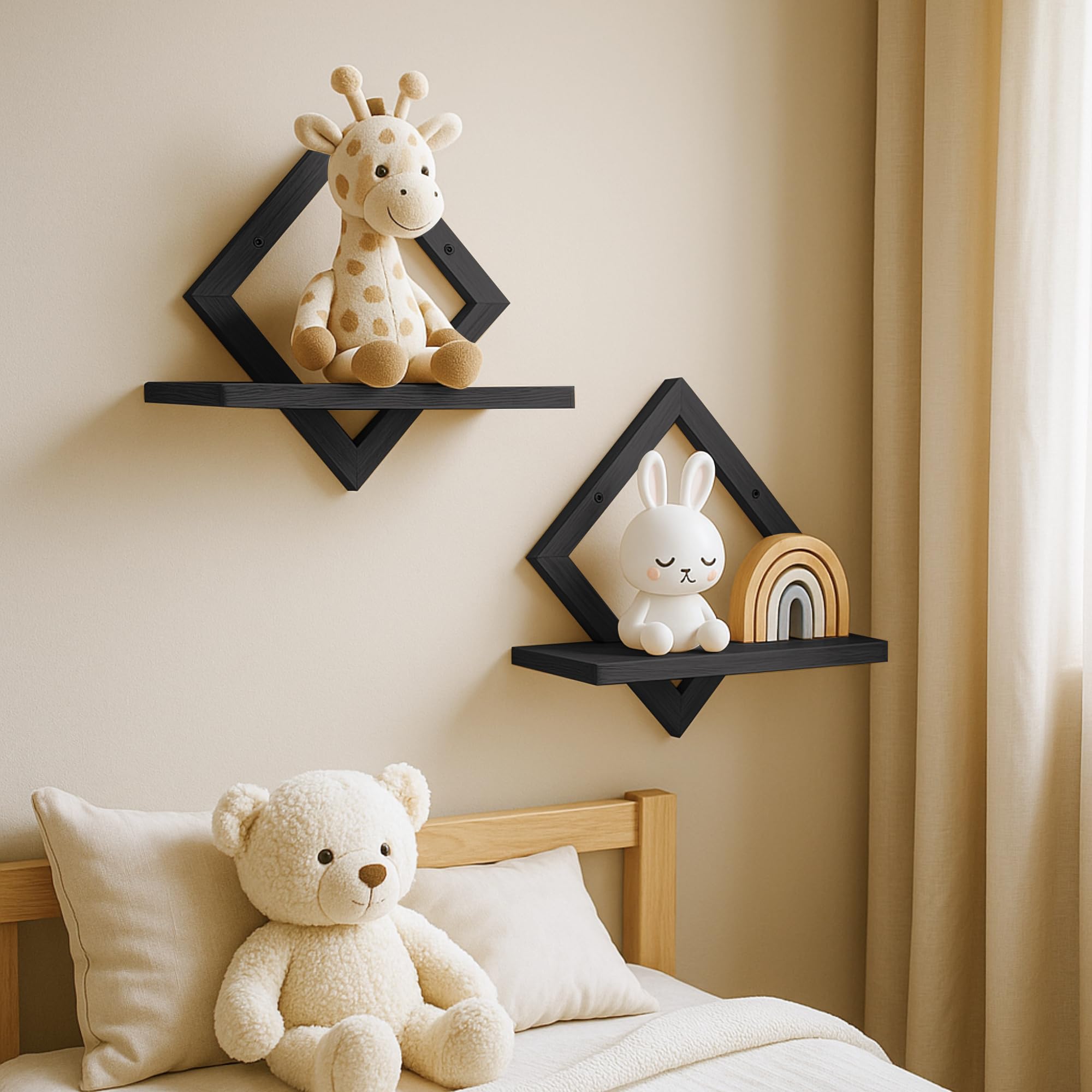 Floating Shelves for Wall,Decorative Wall Shelf,Hanging Shelf for Plants Storage Display Holder,Indoor Decor for Living Room Home Office Bathroom Bedroom,Solid Wood,Diamond Shaped,2 Pack(Black) - Image 4