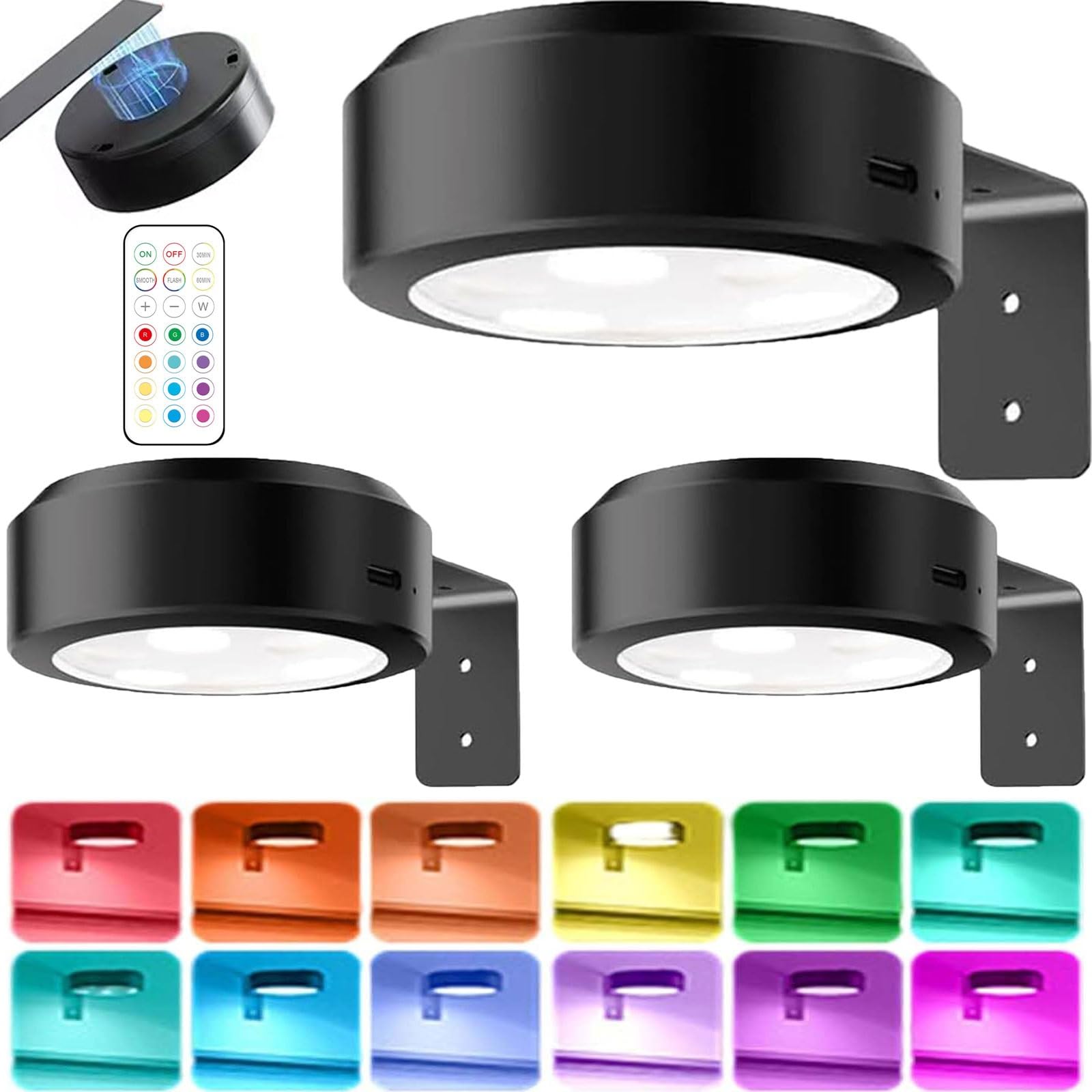 Bezprzewodowe lampki do zdjęć na ścianę, bez wiercenia, na baterie, magnetyczne światło LED z 13 kolorami RGB, regulowana jasność, zdalne sterowanie timerem, czarne, zestaw 3 szt