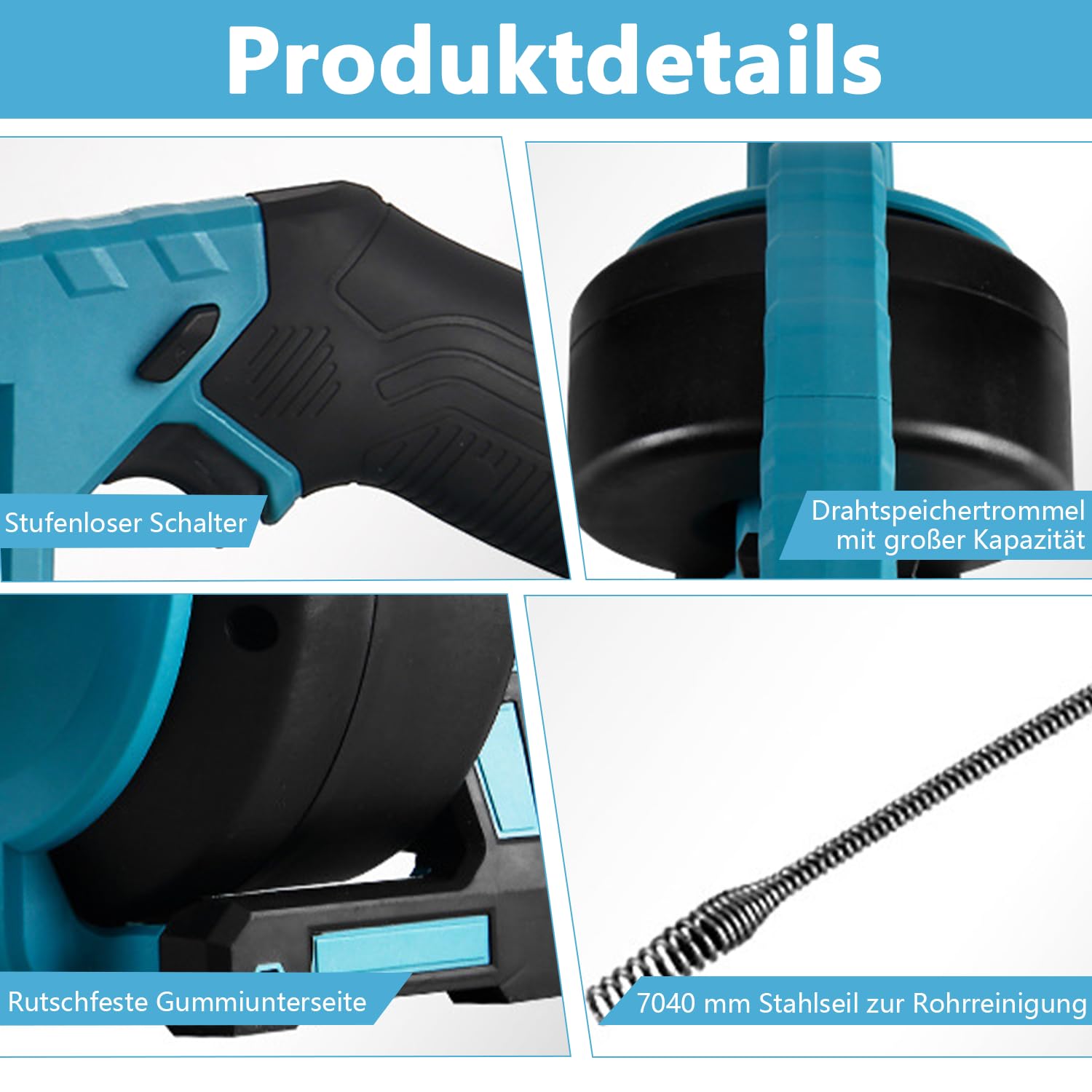 Akku Rohrreinigungsmaschine für Makita Batterie, Elektrisch Rohrreinigungsspirale Abflussreiniger für Ø20-75mm Küche Bad Toilette Rohrleitung mit 7m Automatisch Einziehbarem Stahlspiralenkabel