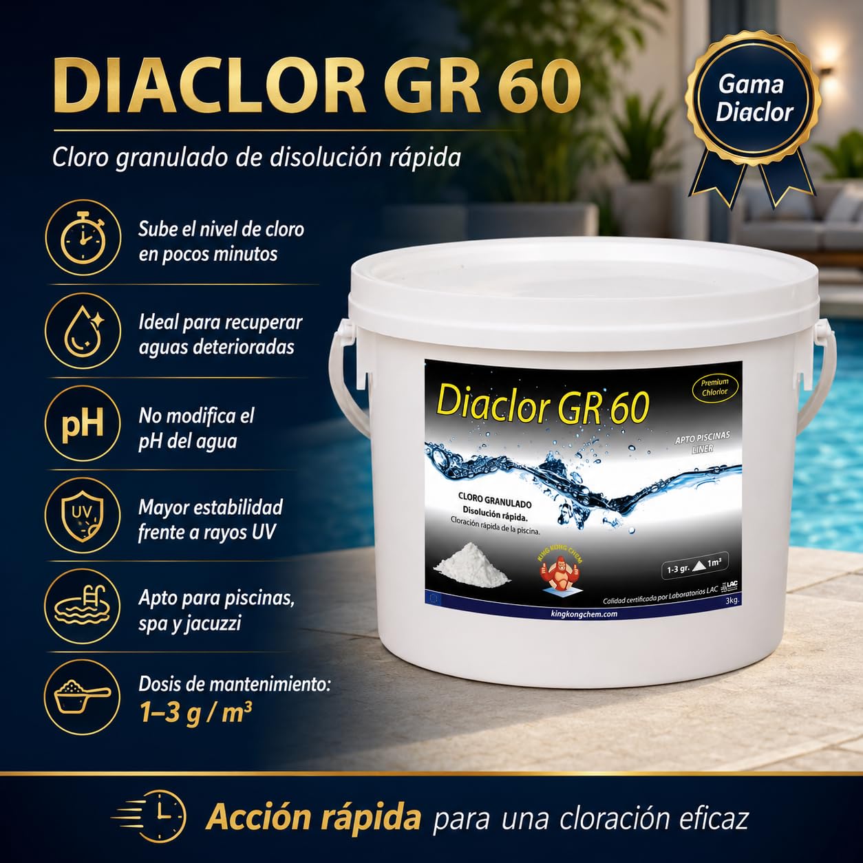 Cloro rápido para Piscinas DIACLOR GR 60 3 KG - Cloro granulado de disolución rápida - Dicloro granulado Puro